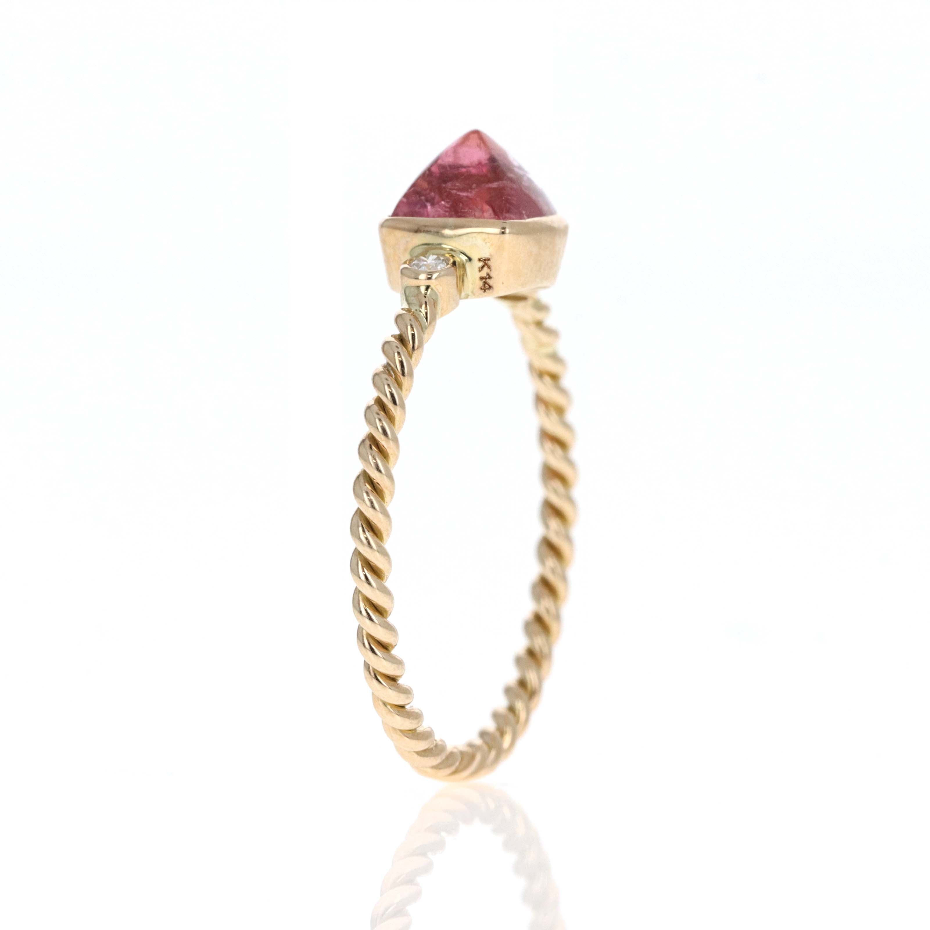 14K Yellow Gold 1.22 Carat Cabochon Pink Tourmaline Diamond Bezel Braided Ring - Queen May