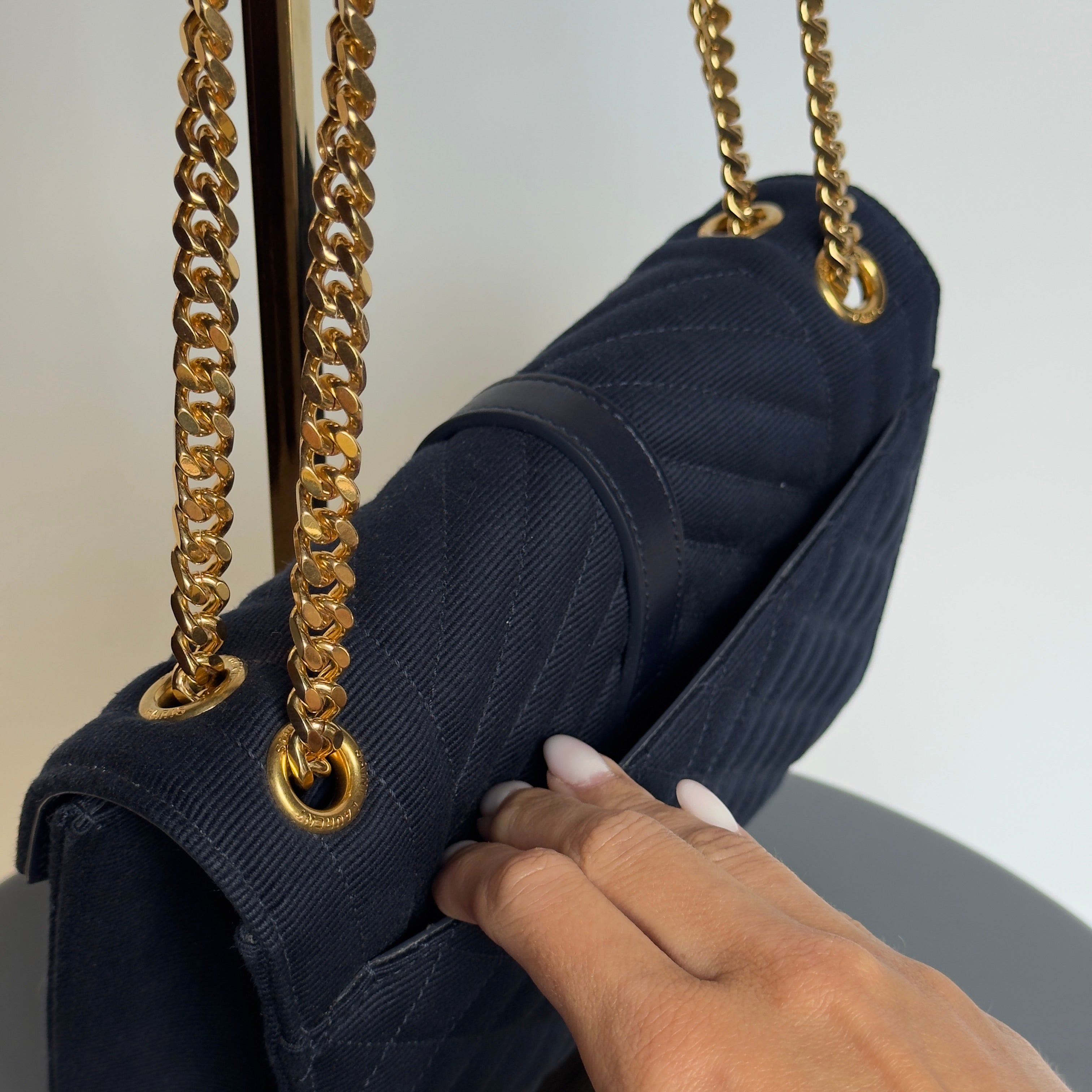 Saint Laurent Envelope Triquilt Chain Shoulder Bag Navy - Queen May