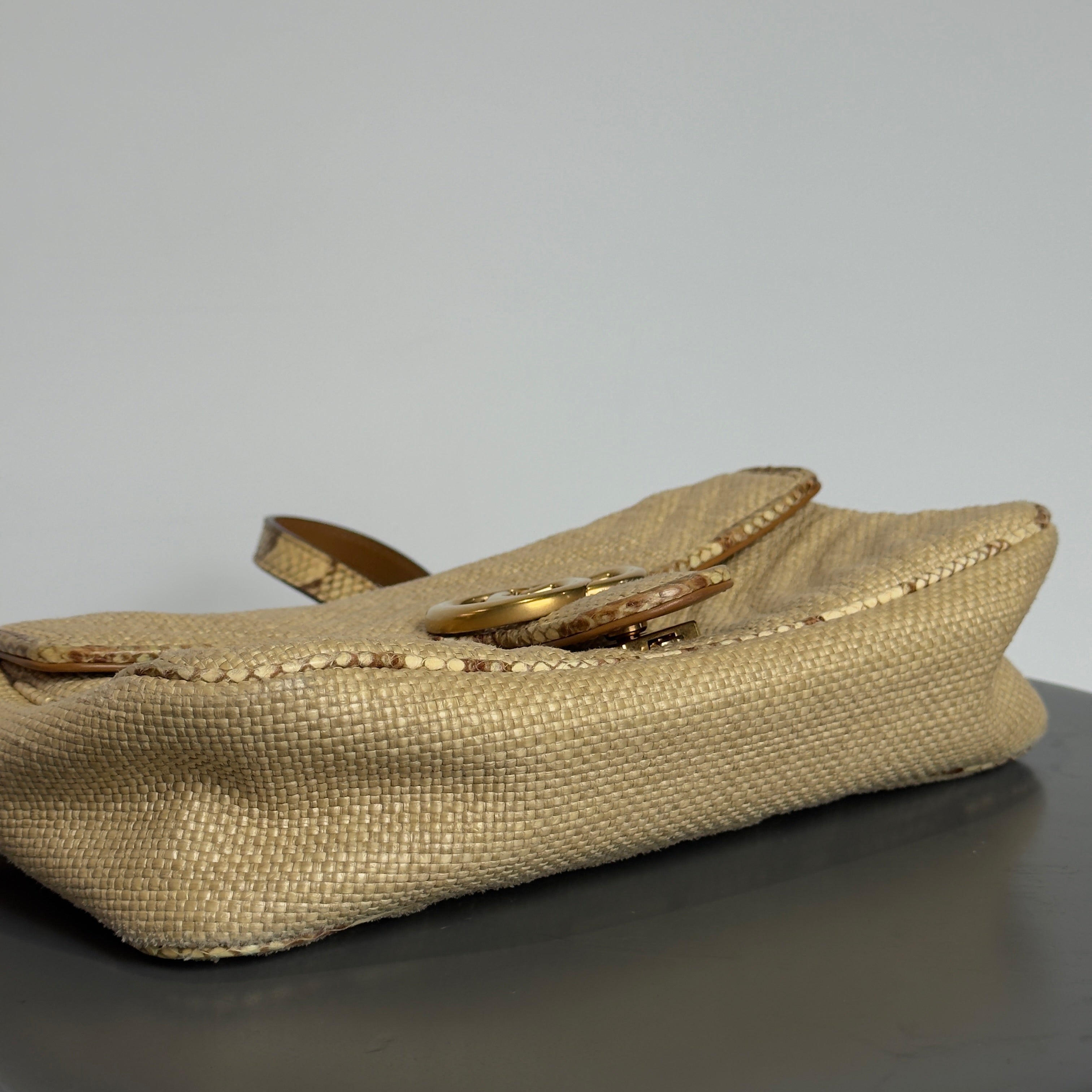 Gucci Raffia Elaphe Matelasse Small GG Shoulder Bag Natural Cream Brown