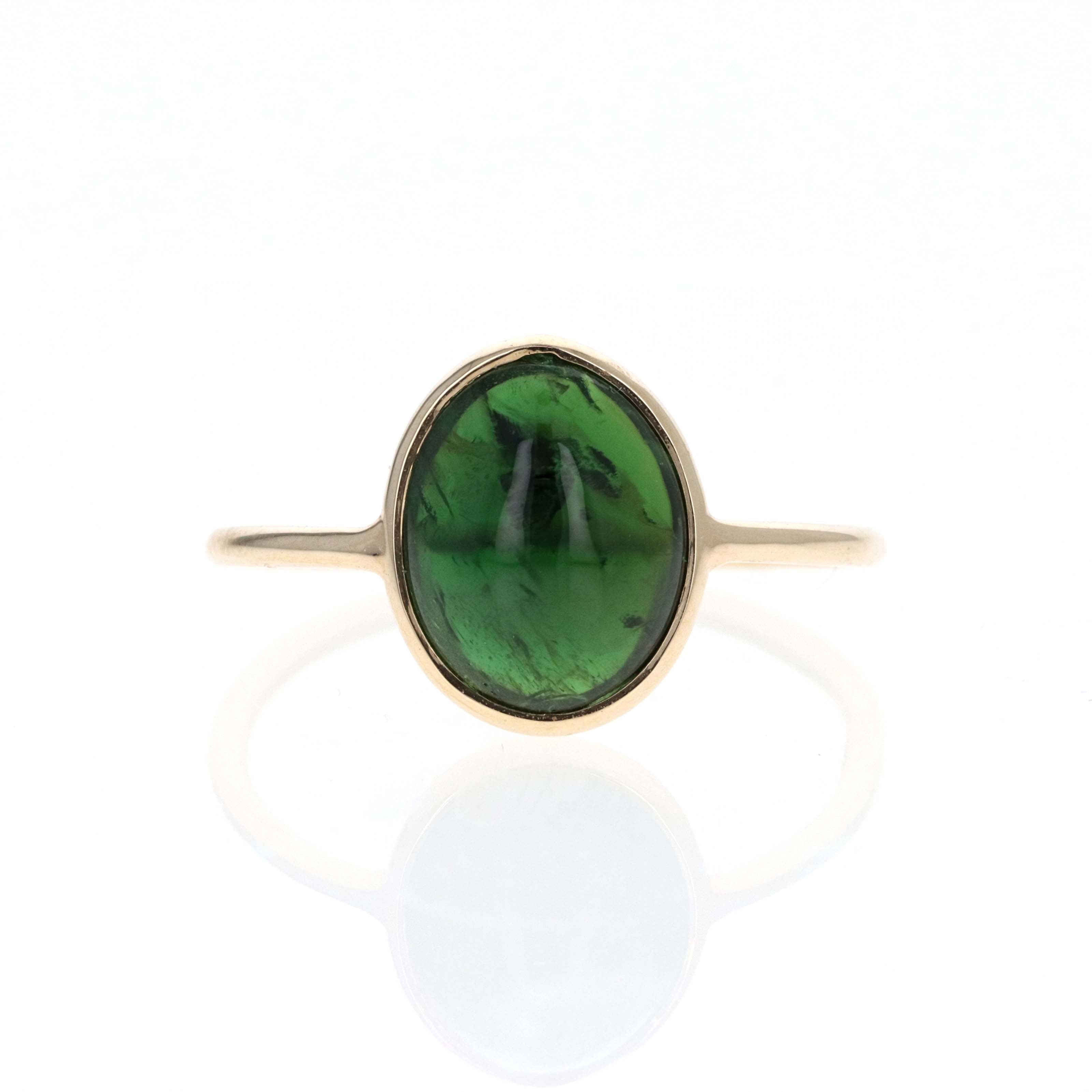 14K Yellow Gold 3.4 Carat Cabochon Green Tourmaline Bezel Ring - Queen May