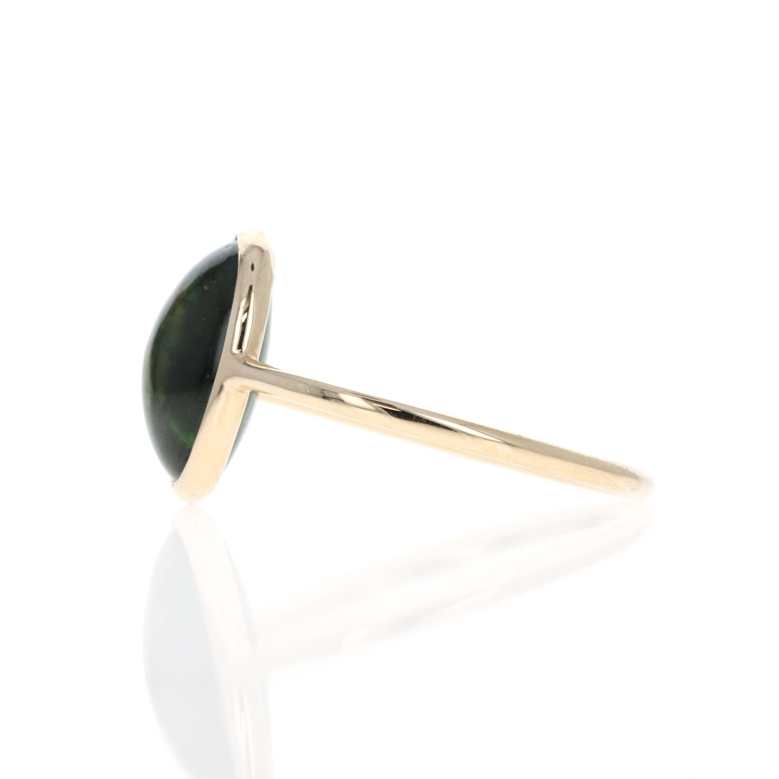 14K Yellow Gold 3.4 Carat Cabochon Green Tourmaline Bezel Ring - Queen May