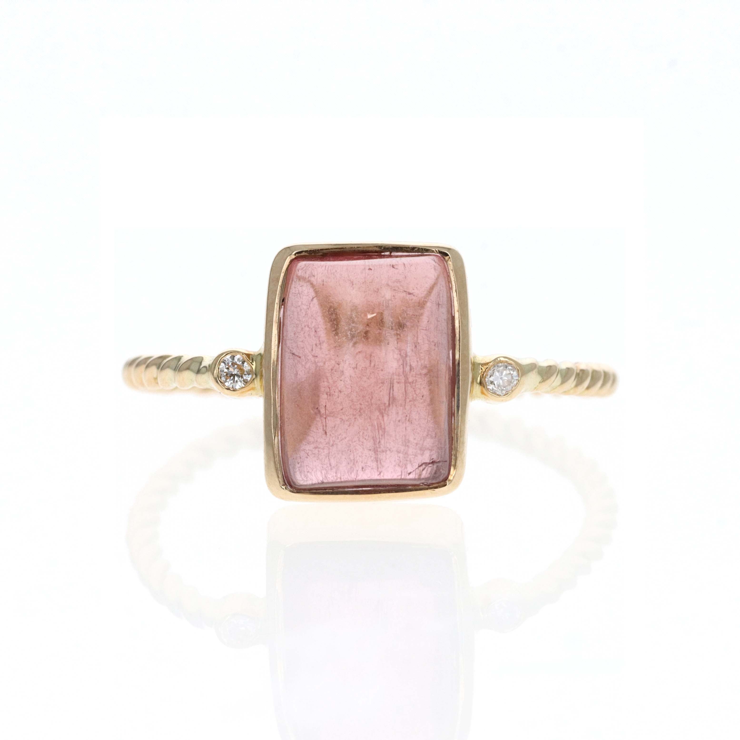 14K Yellow Gold 3.73 Carat Cabochon Pink Tourmaline Diamond Bezel Braided Ring - Queen May