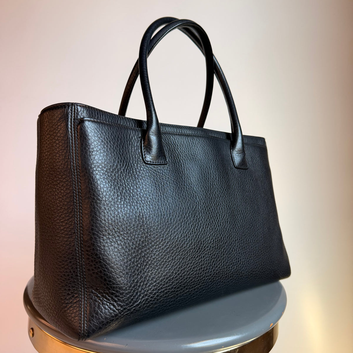 Chanel Large Black Calfskin Cerf Executive Shopper Tote Silver Hardware With Strap