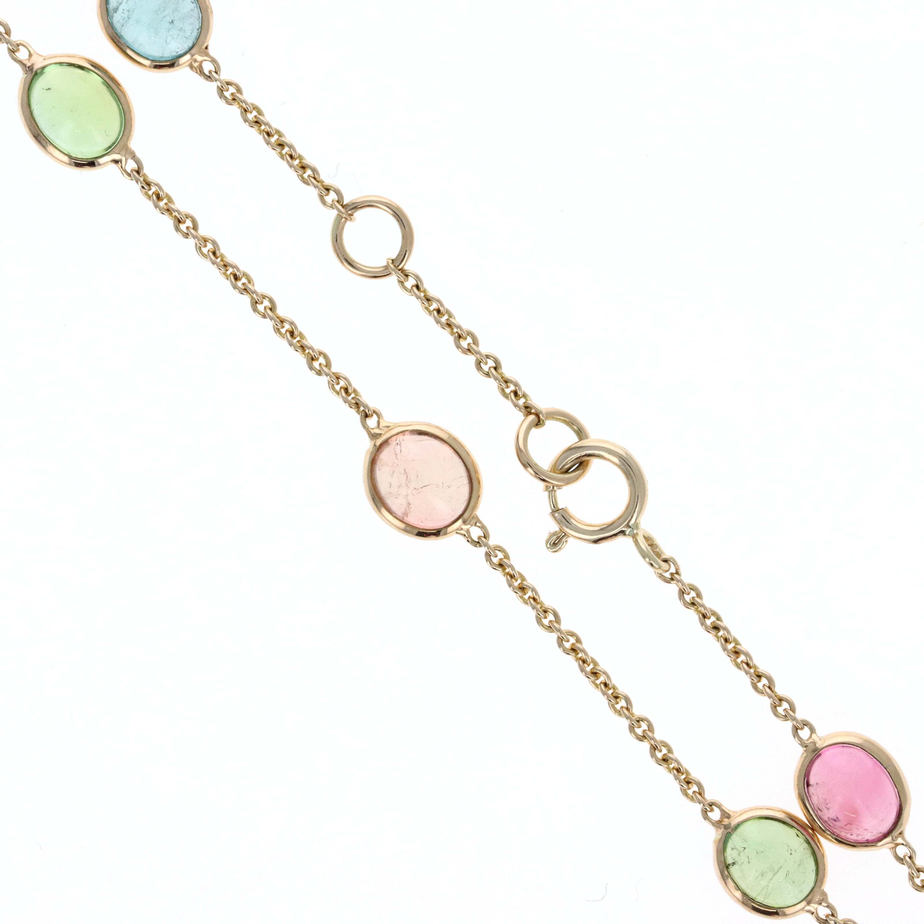 14K Yellow Gold 3.27 Carat Multi-Color Tourmaline Bezel Station Bracelet - Queen May
