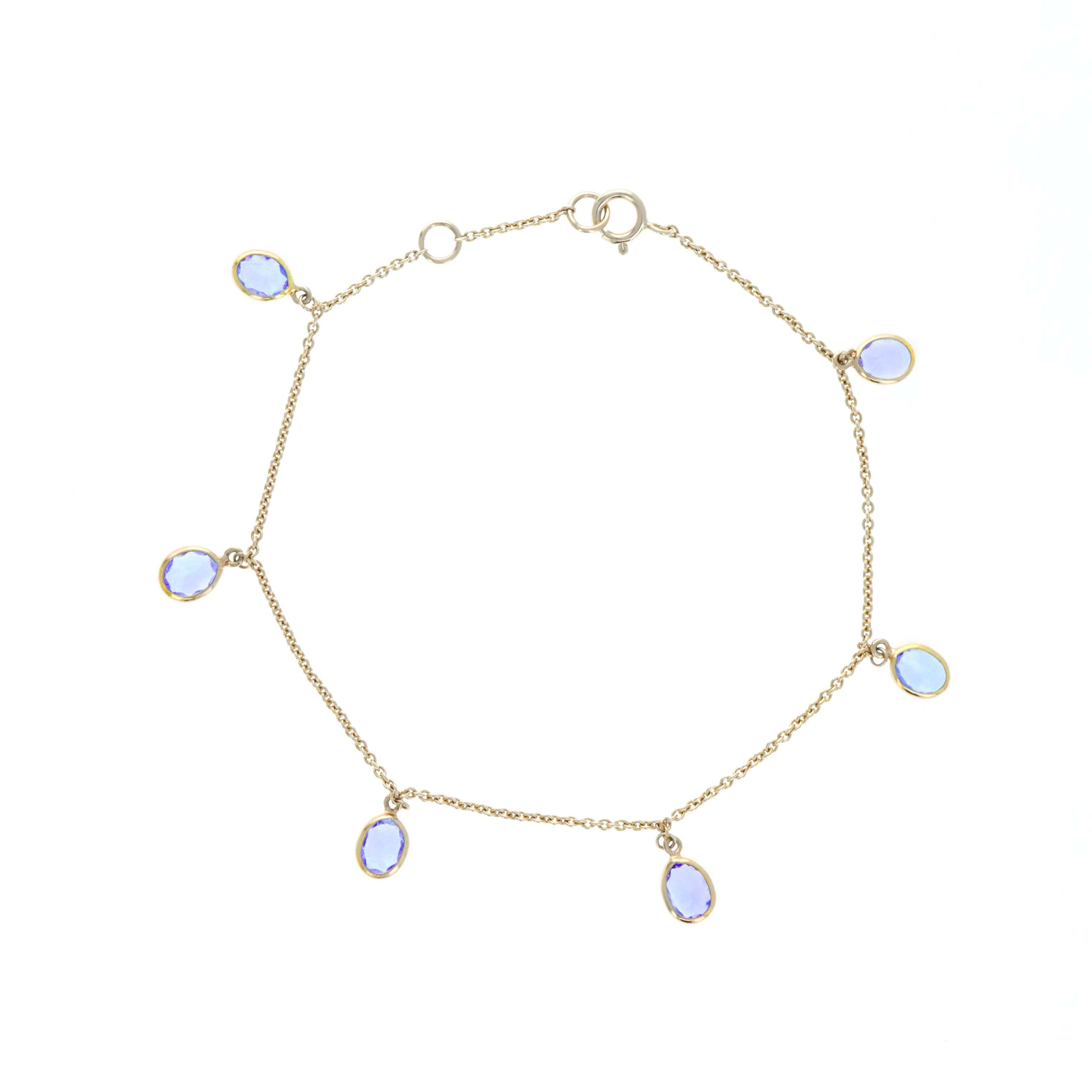 14K Yellow Gold 2.1 Carat Tanzanite Dangle Bezel Station Bracelet - Queen May