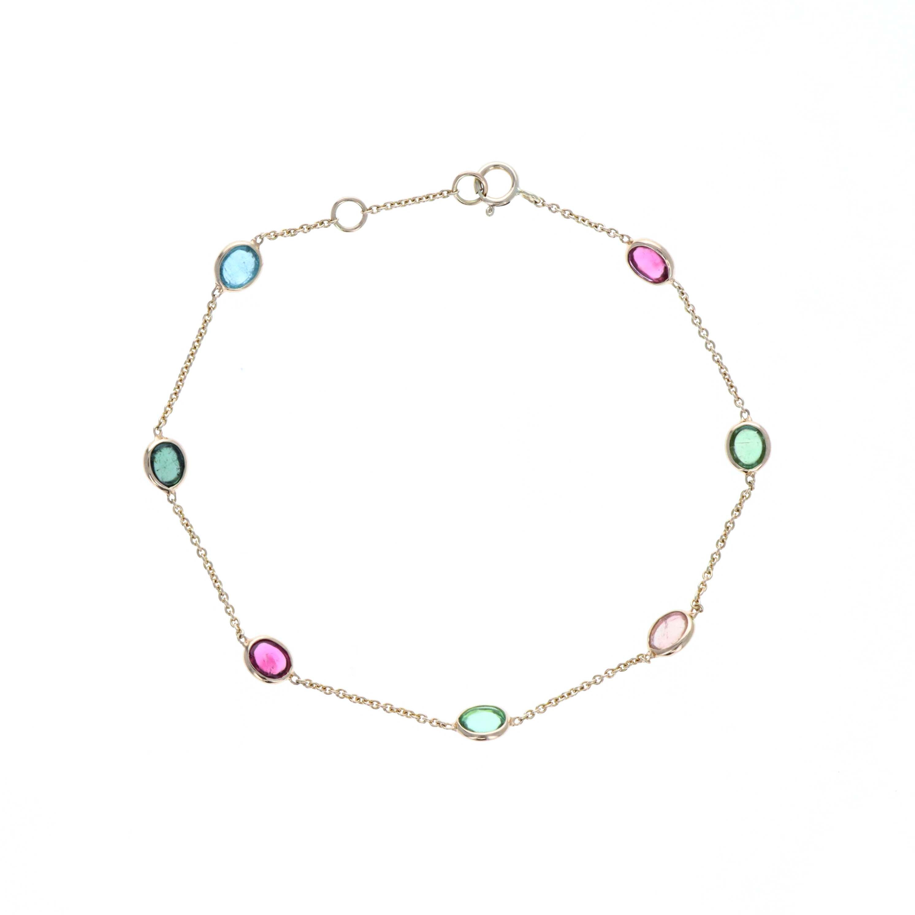 14K Yellow Gold 3.27 Carat Multi-Color Tourmaline Bezel Station Bracelet - Queen May
