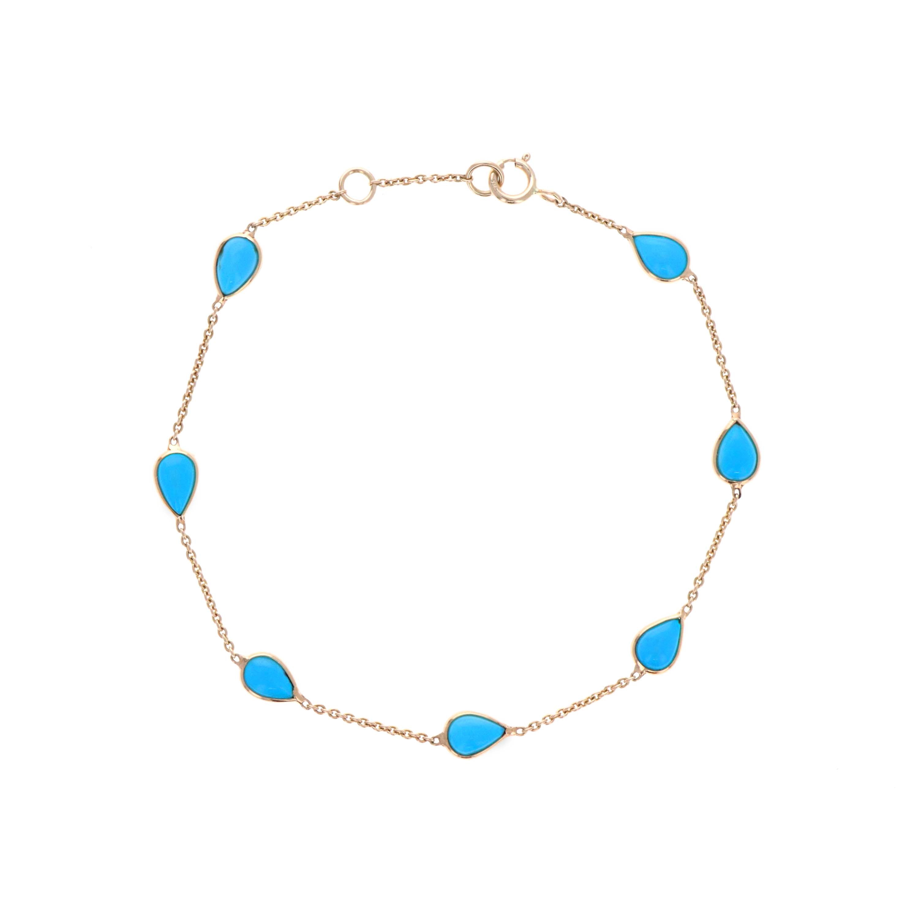 14K Yellow Gold Turquoise Bezel Station Bracelet - Queen May