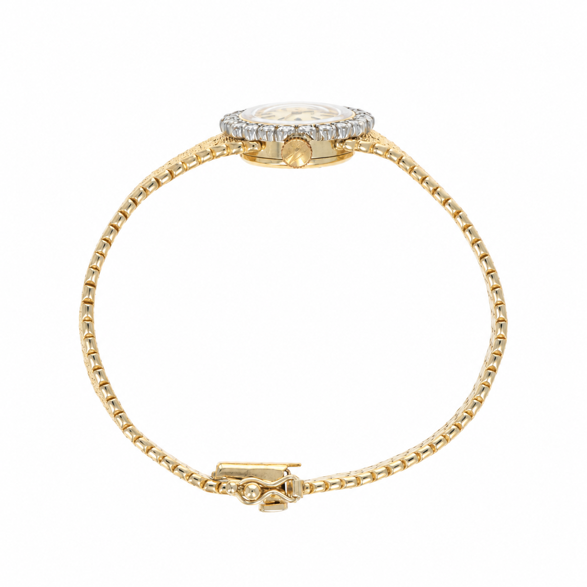 Vintage Rolex Ladies 14K Yellow Gold Scalloped Finish Bracelet With White Gold Diamond Bezel Mechanical Movement Watch