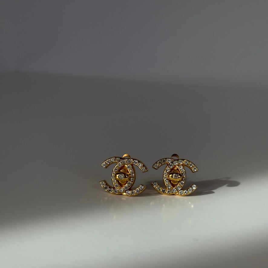 Chanel Rhinestone 1996 Gold Plated CC Turnlock Clip On Earrings - Queen May