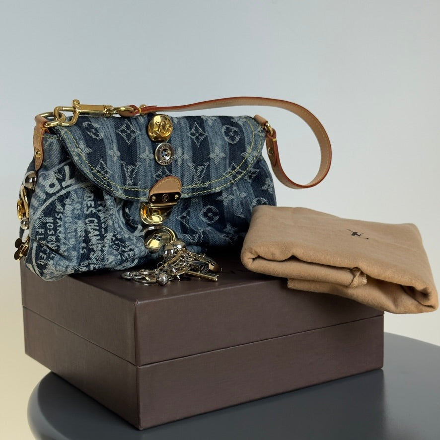 Rare Limited Edition Louis Vuitton Blue Monogram Raye Denim Judy Blame Mini Pleaty Gold & Silver Hardware, 2008 6 Charms - Queen May