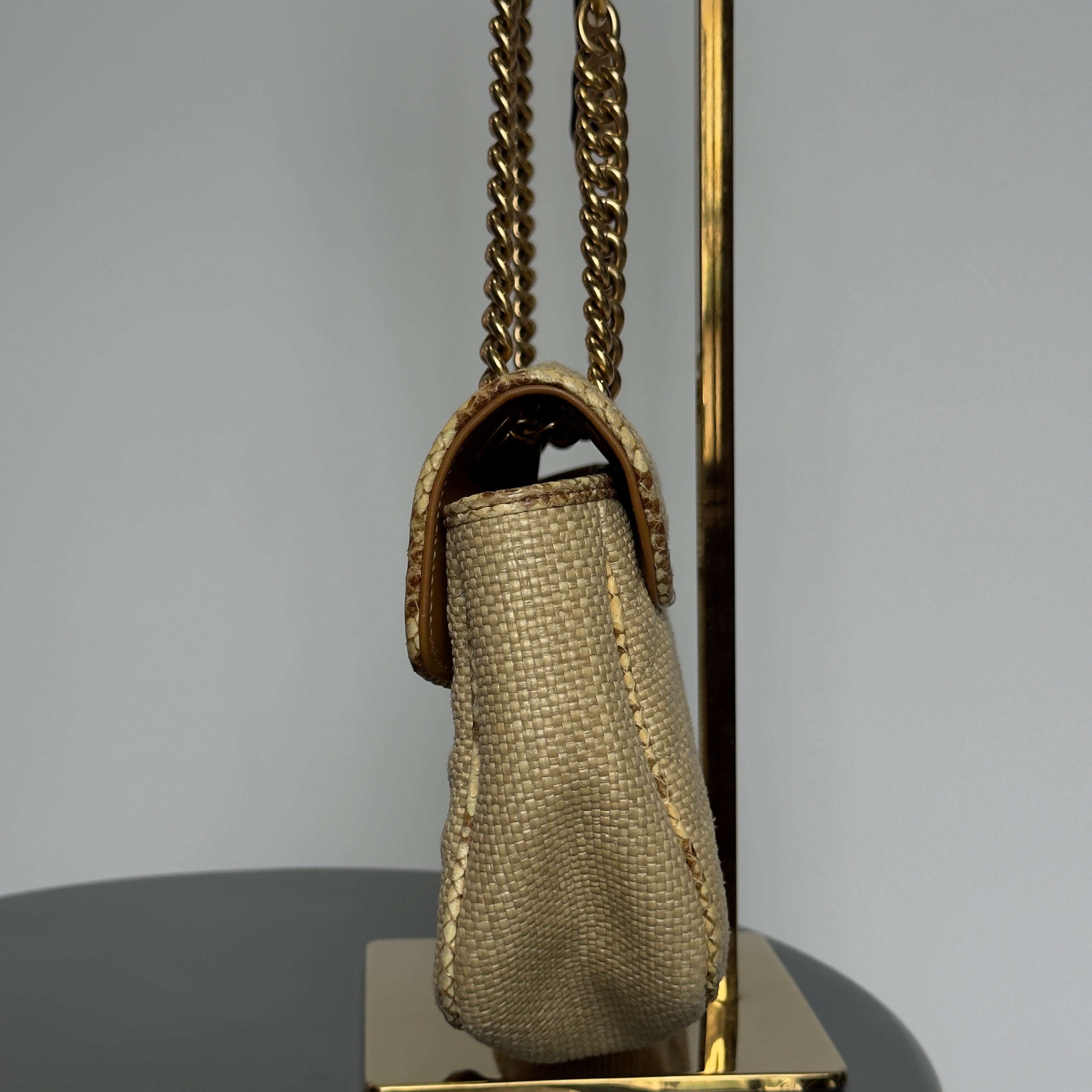 Gucci Raffia Elaphe Matelasse Small GG Shoulder Bag Natural Cream Brown