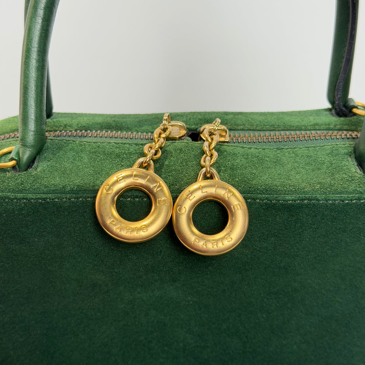 Vintage Celine Top Handle Suede Box Bag Forest Green