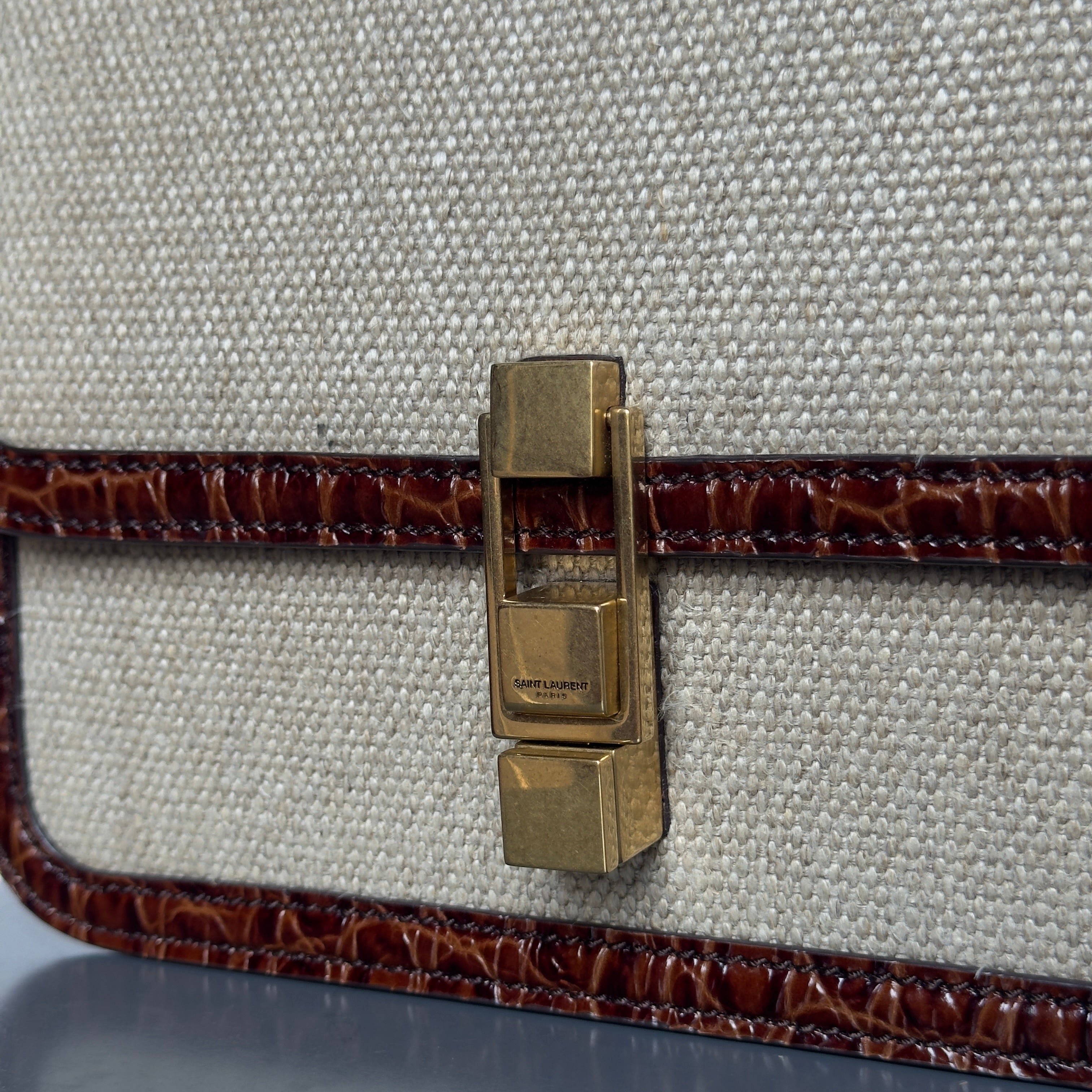 Saint Laurent Le Carre Satchel Canvas Brown Crocodile Embossed Leather Trim - Queen May
