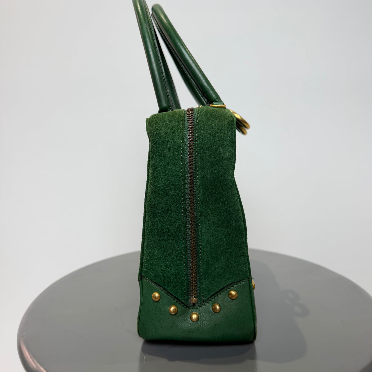 Vintage Celine Top Handle Suede Box Bag Forest Green