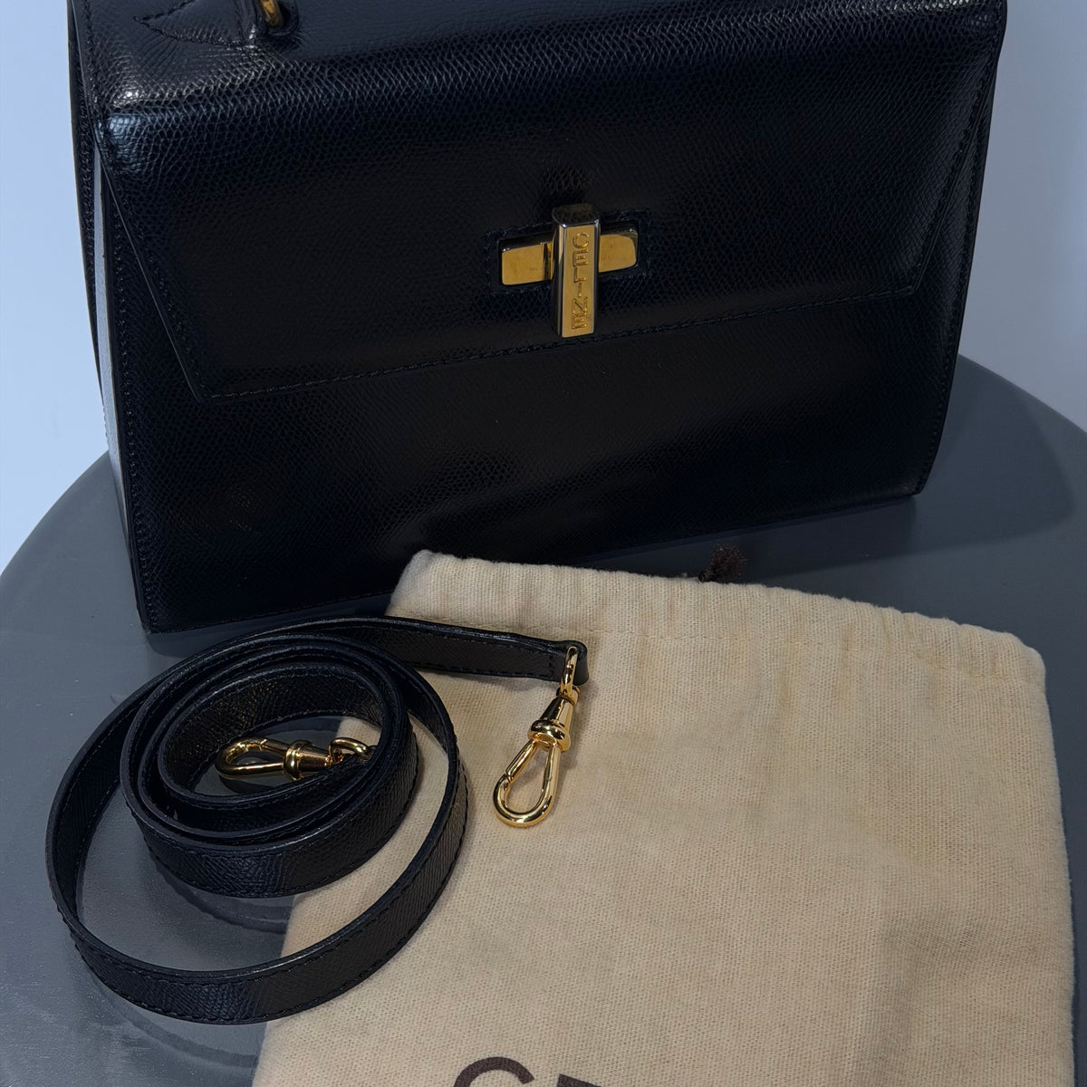Vintage Celine Top Handle Black Leather Bag