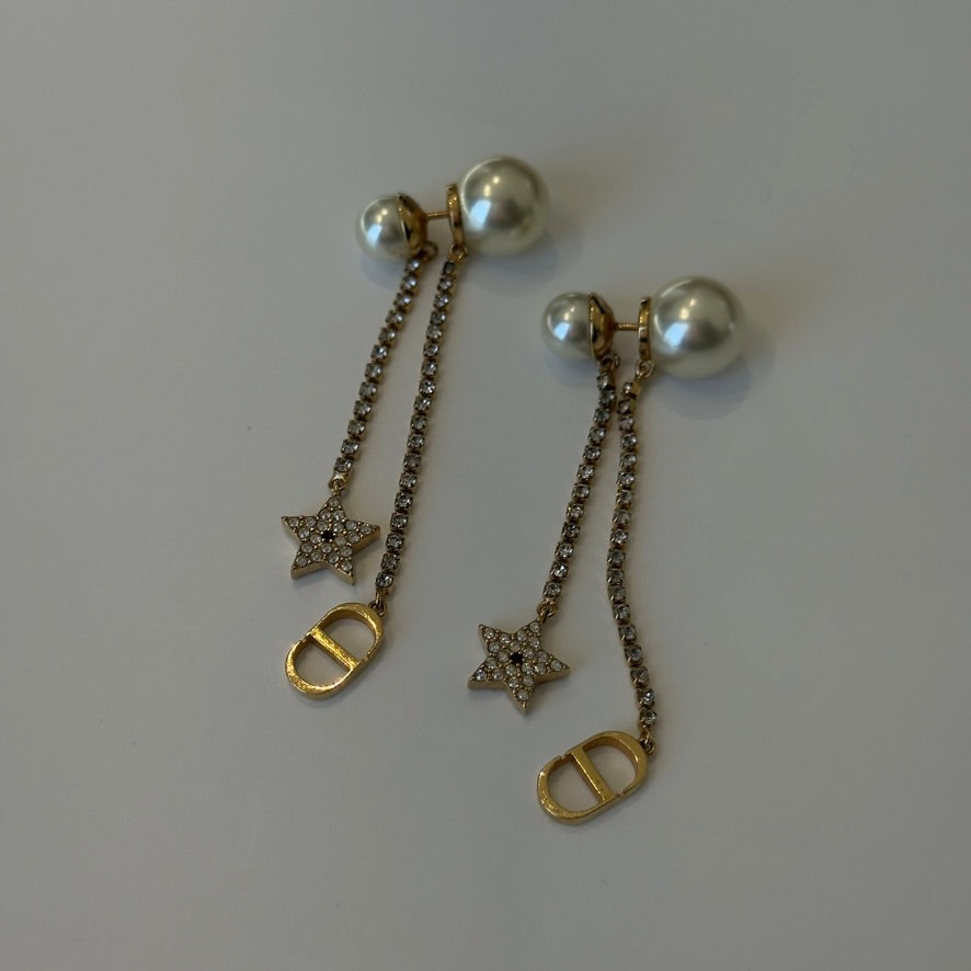 Dior Triabales Earrings Gold Finish Metal White Resin Pearls White Crystals - Queen May