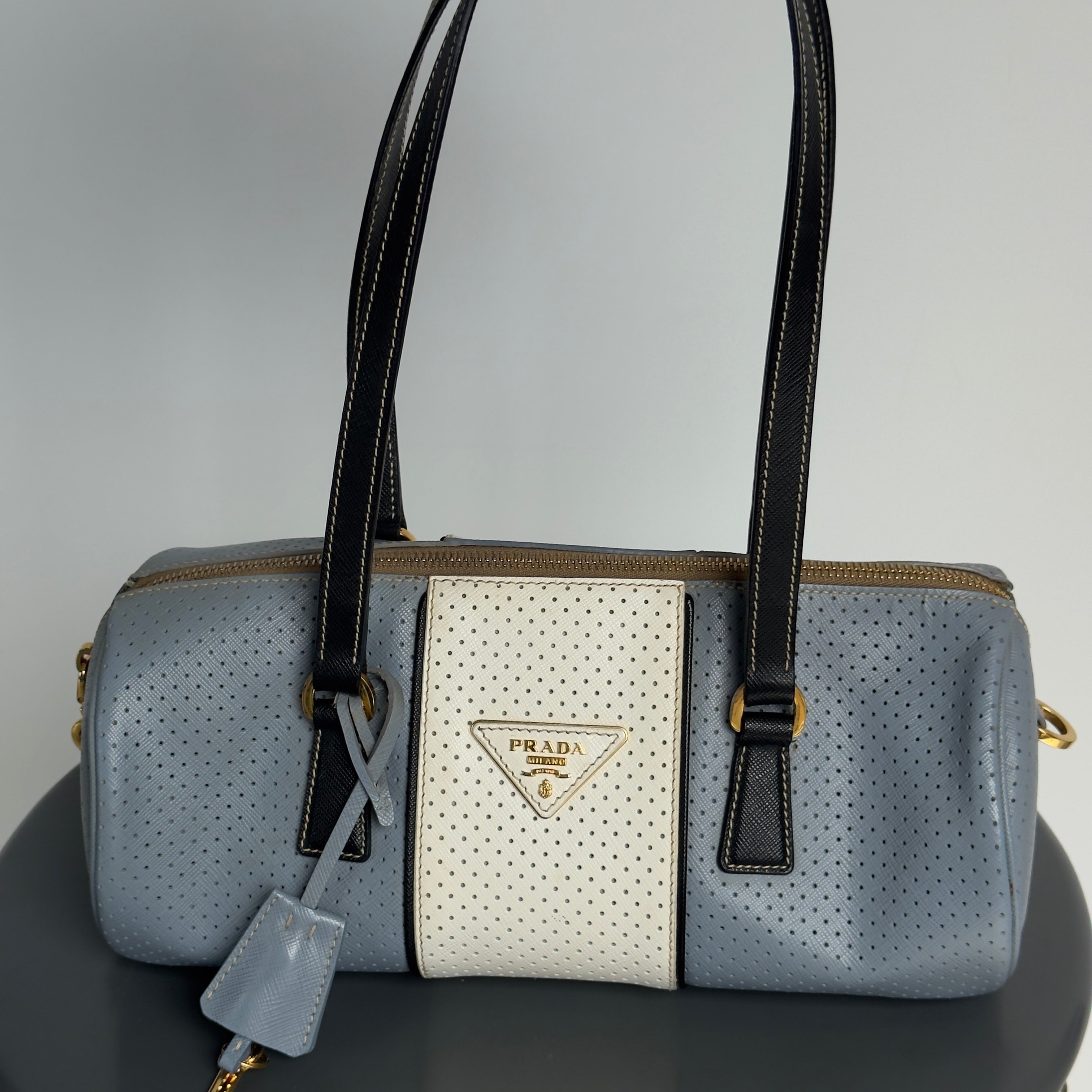 Prada Perforated Saffiano Lux Bauletto Bag Light Blue