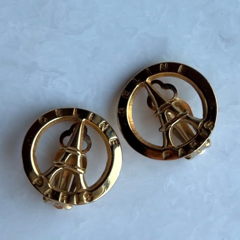 Celine Eiffel Tower Motif Round Clip On Earrings