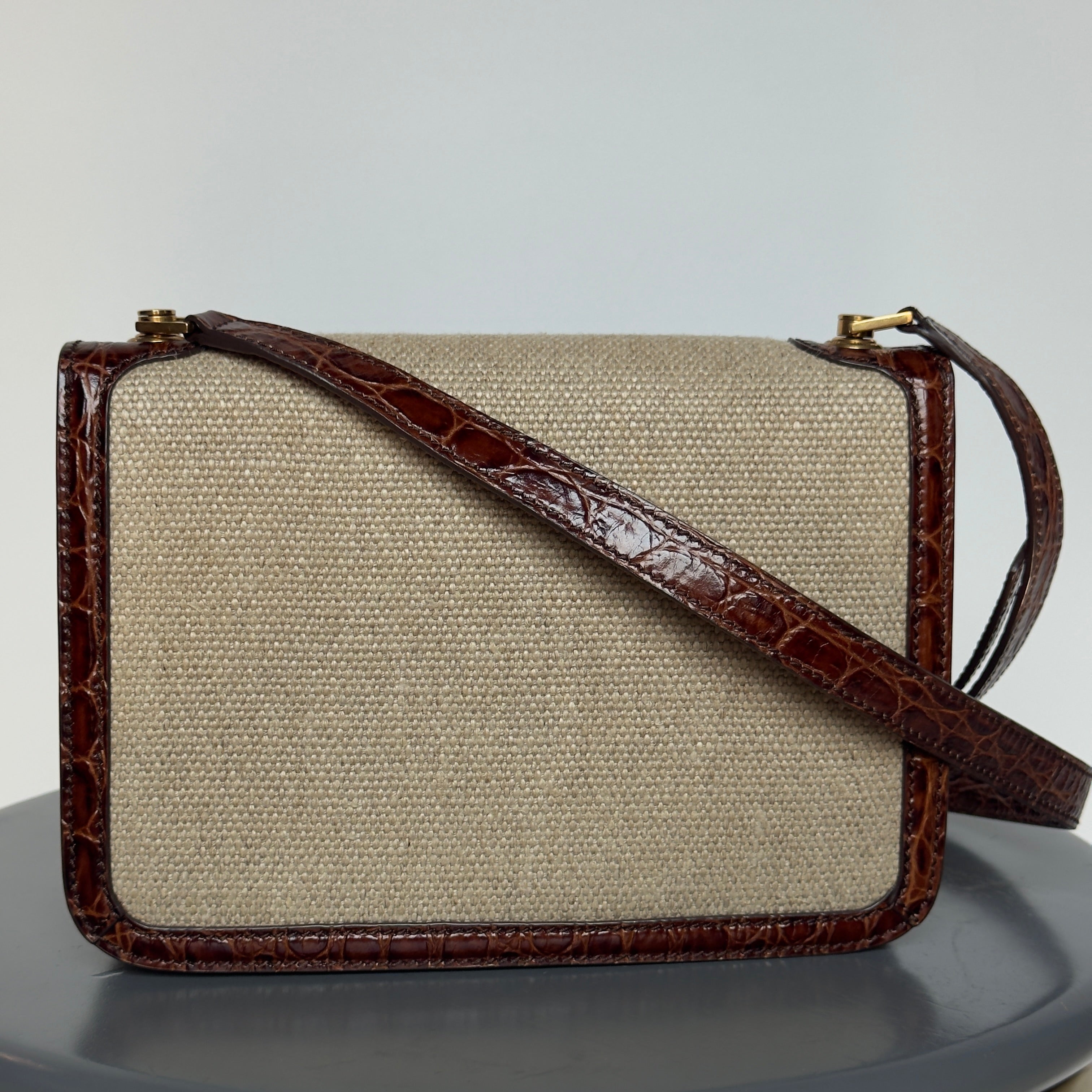 Saint Laurent Le Carre Satchel Canvas Brown Crocodile Embossed Leather Trim - Queen May
