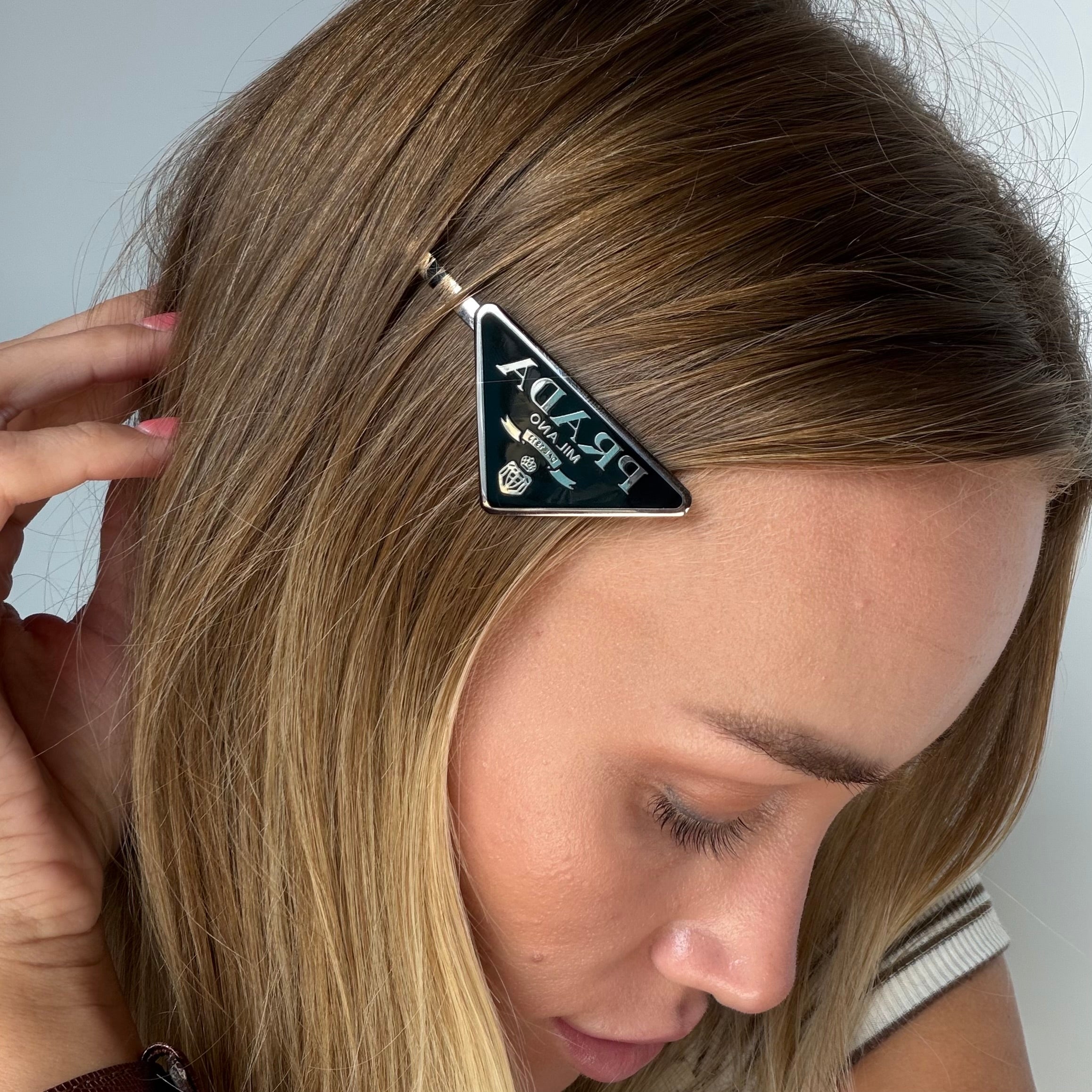 Prada Enamel Triangle Logo Hair Clips