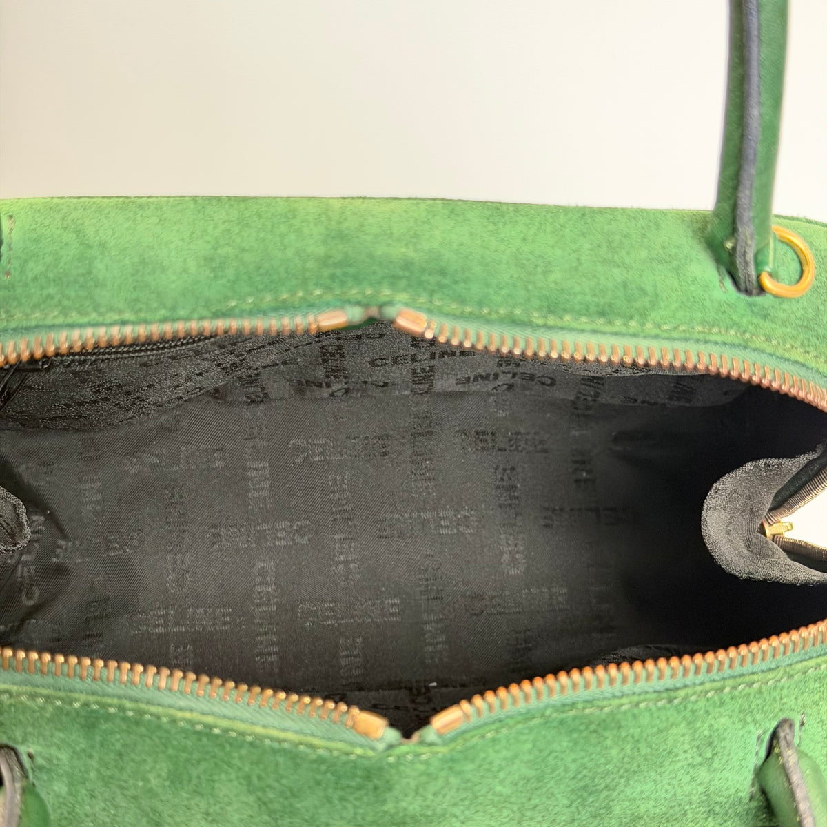 Vintage Celine Top Handle Suede Box Bag Forest Green