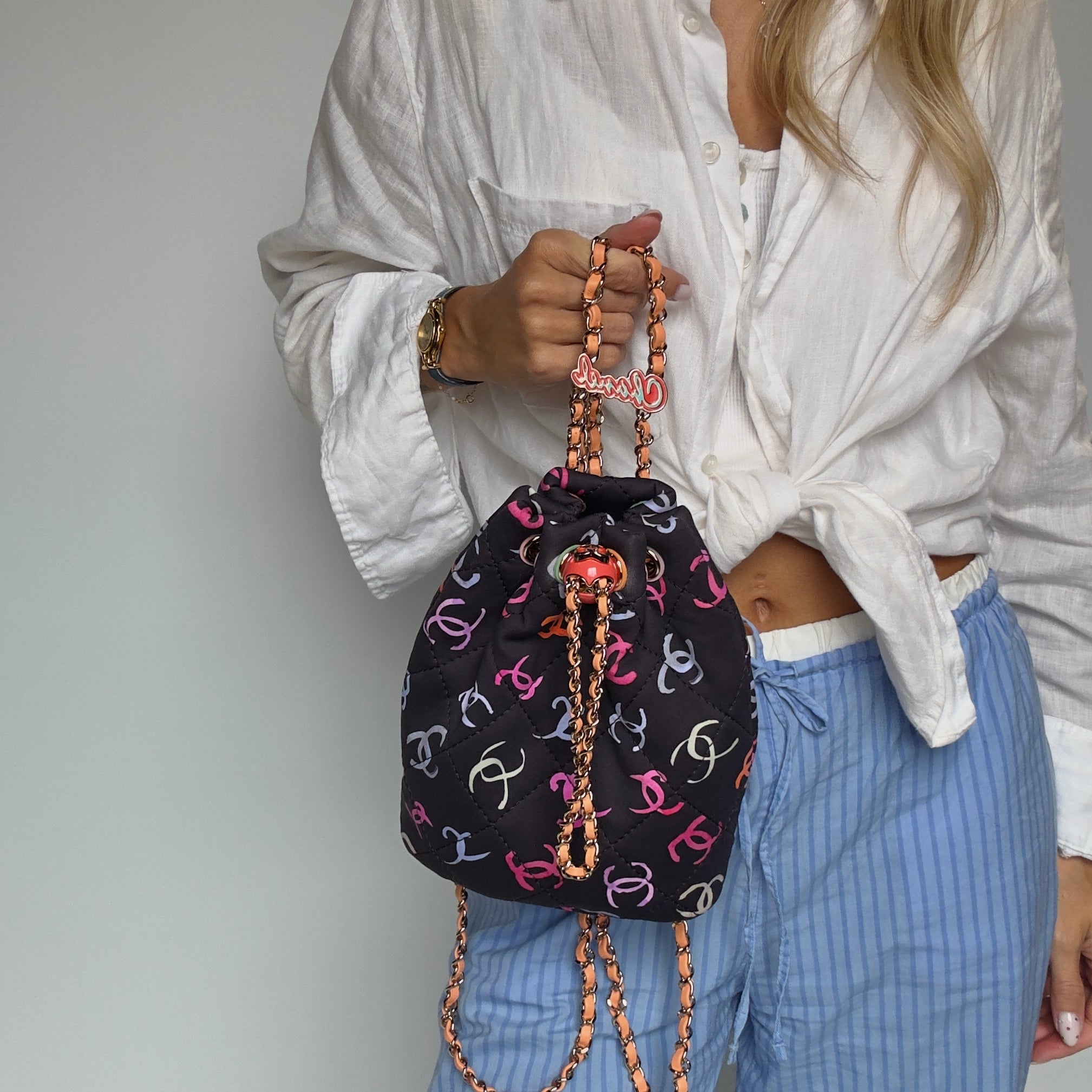 Chanel Medium CC Drawstring Backpack Multicolored Printed Fabric Light Gold Hardware