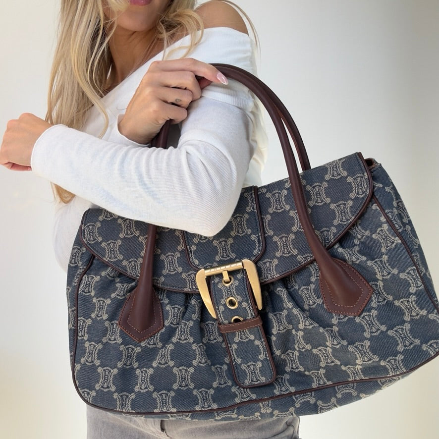 Celine Denim Monogram Triomphe Shoulder Bag - Queen May