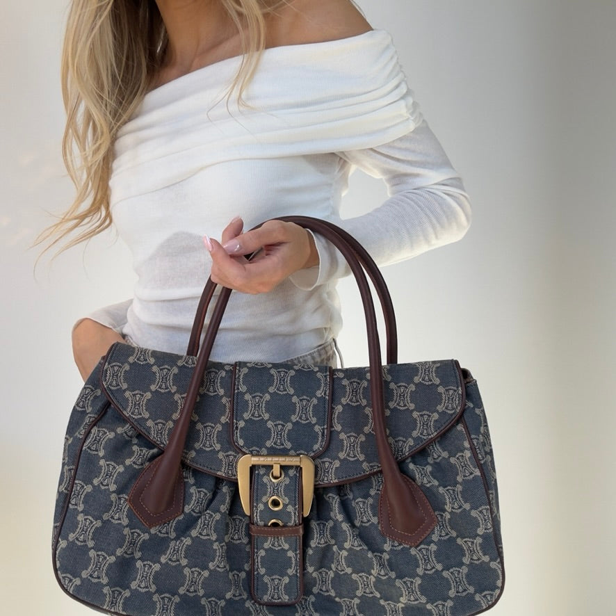 Celine Denim Monogram Triomphe Shoulder Bag - Queen May
