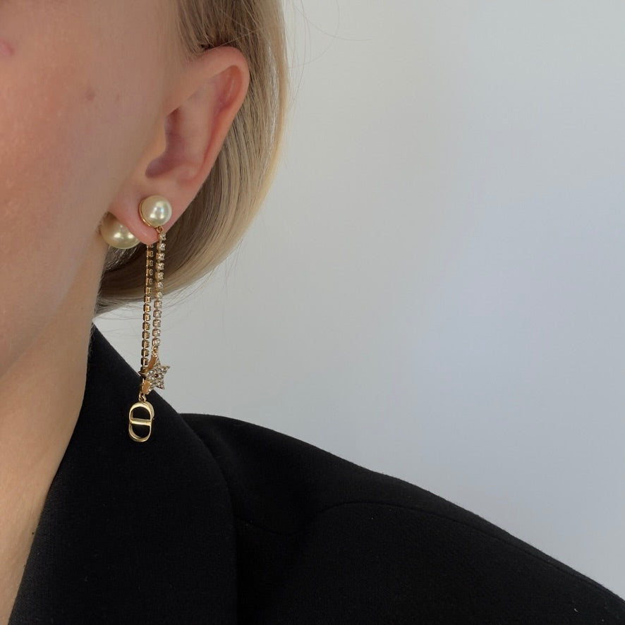 Dior Triabales Earrings Gold Finish Metal White Resin Pearls White Crystals - Queen May