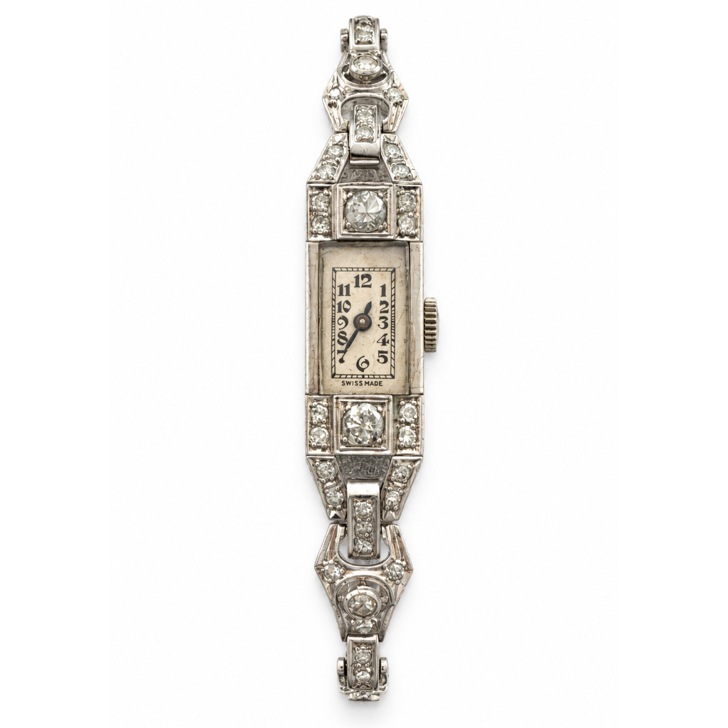 Vintage Platinum 17 Jewel Swiss Mechanical Movement Diamond Watch