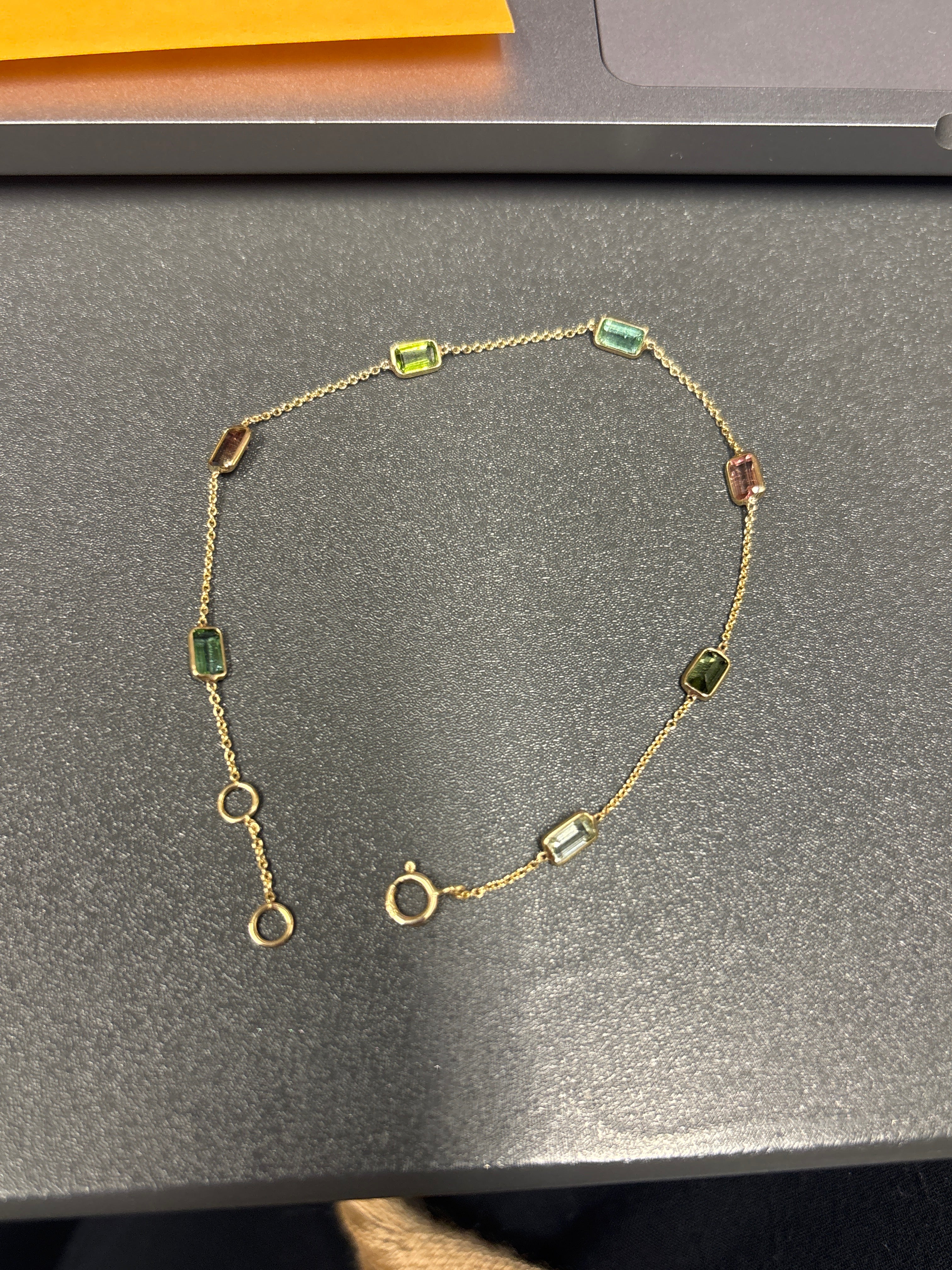 14K Yellow Gold 2 Carat Baguette Multi-Color Tourmaline Bezel Station Bracelet