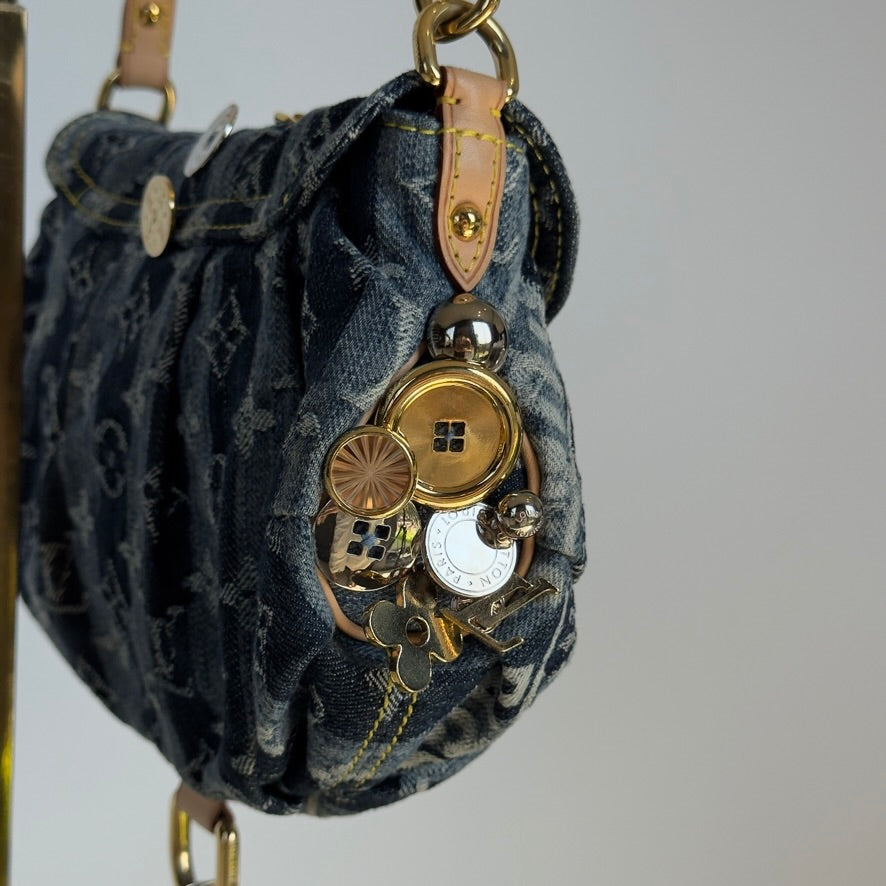 Rare Limited Edition Louis Vuitton Blue Monogram Raye Denim Judy Blame Mini Pleaty Gold & Silver Hardware, 2008 6 Charms - Queen May