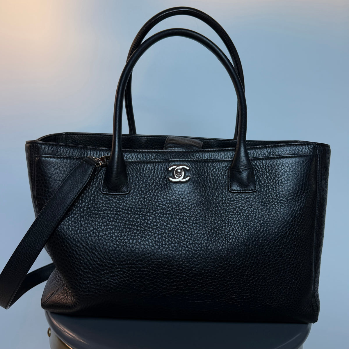 Chanel Large Black Calfskin Cerf Executive Shopper Tote Silver Hardware With Strap