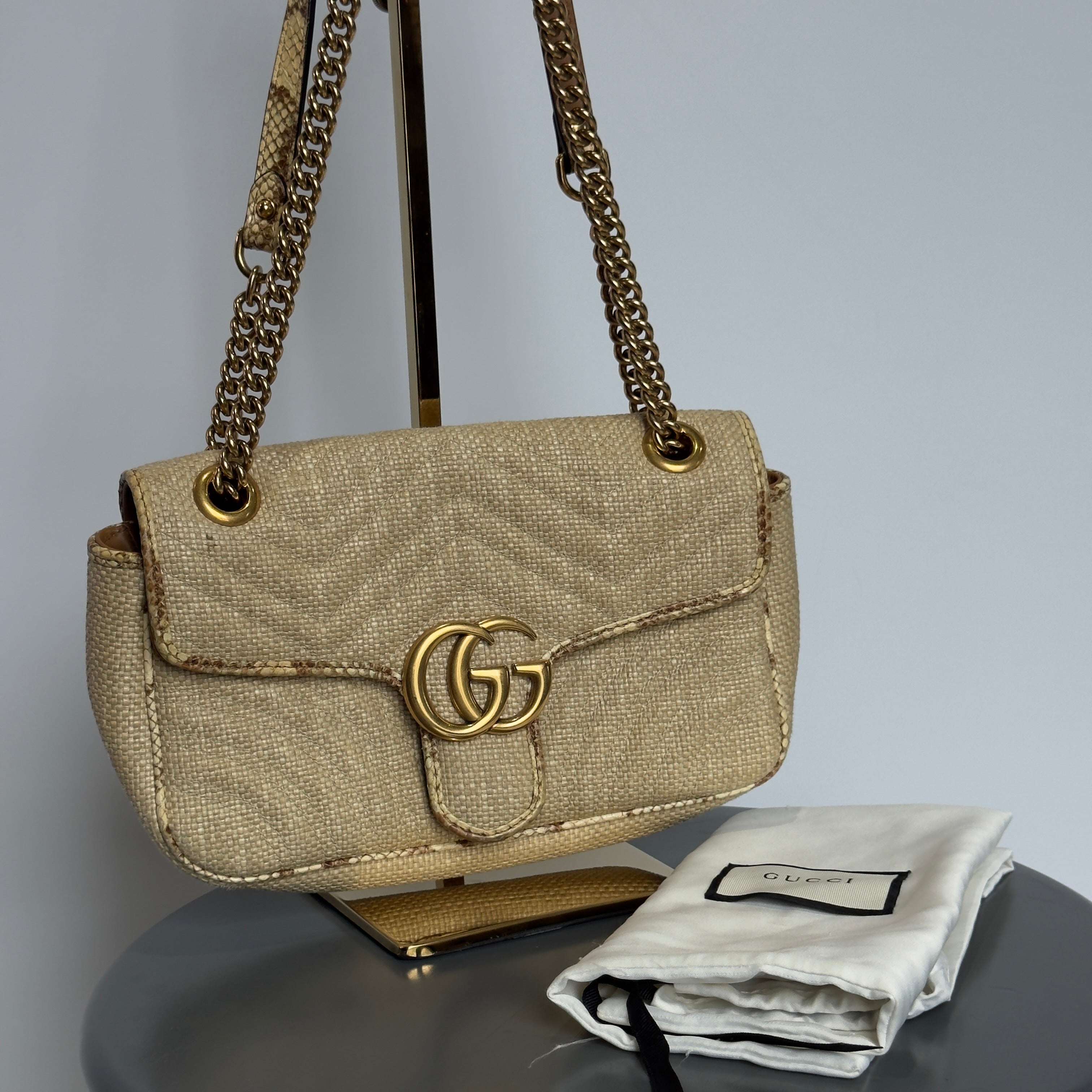 Gucci Raffia Elaphe Matelasse Small GG Shoulder Bag Natural Cream Brown