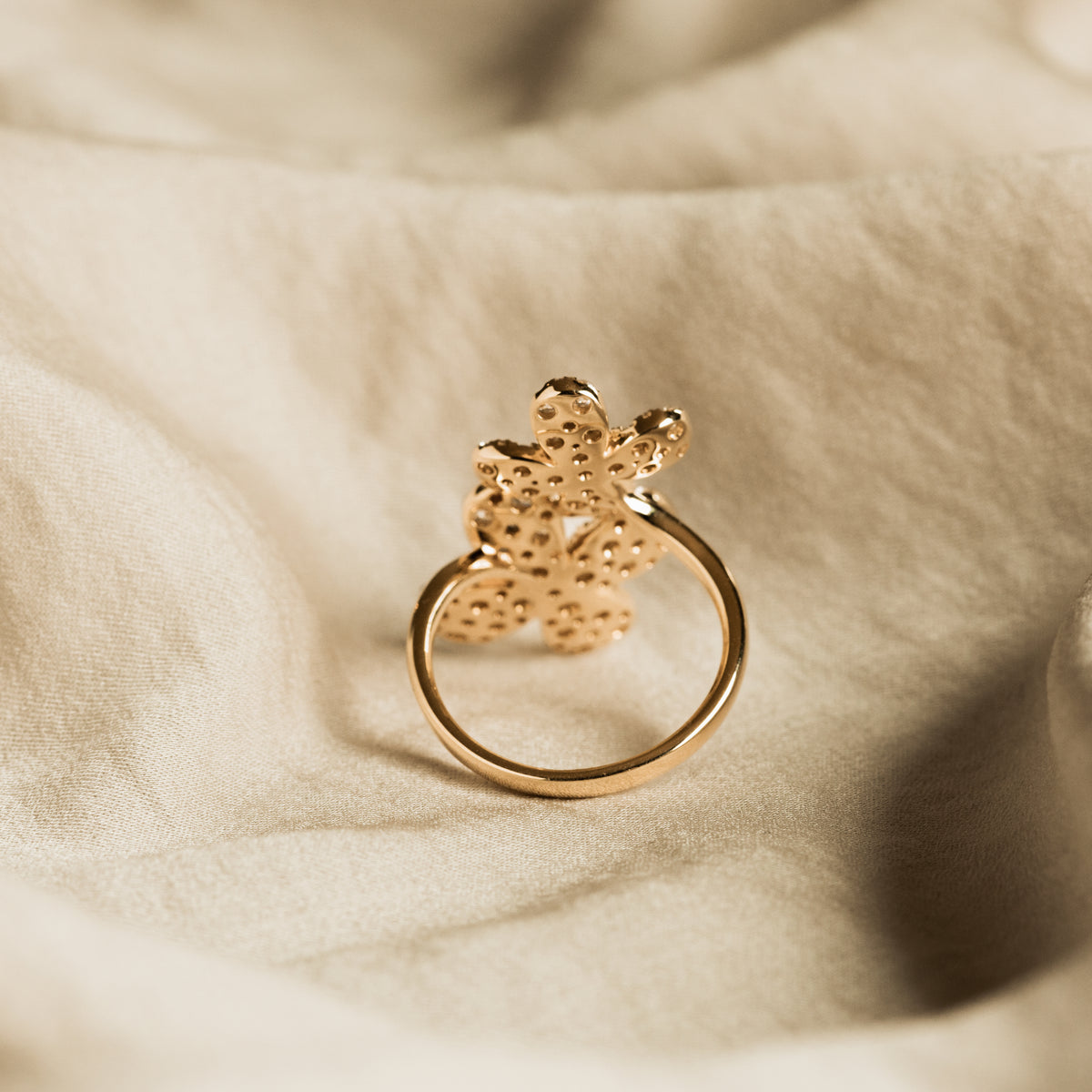 18K Yellow Gold 1.65 Carat Total Weight Diamond Pave Flower Bypass Ring - Queen May
