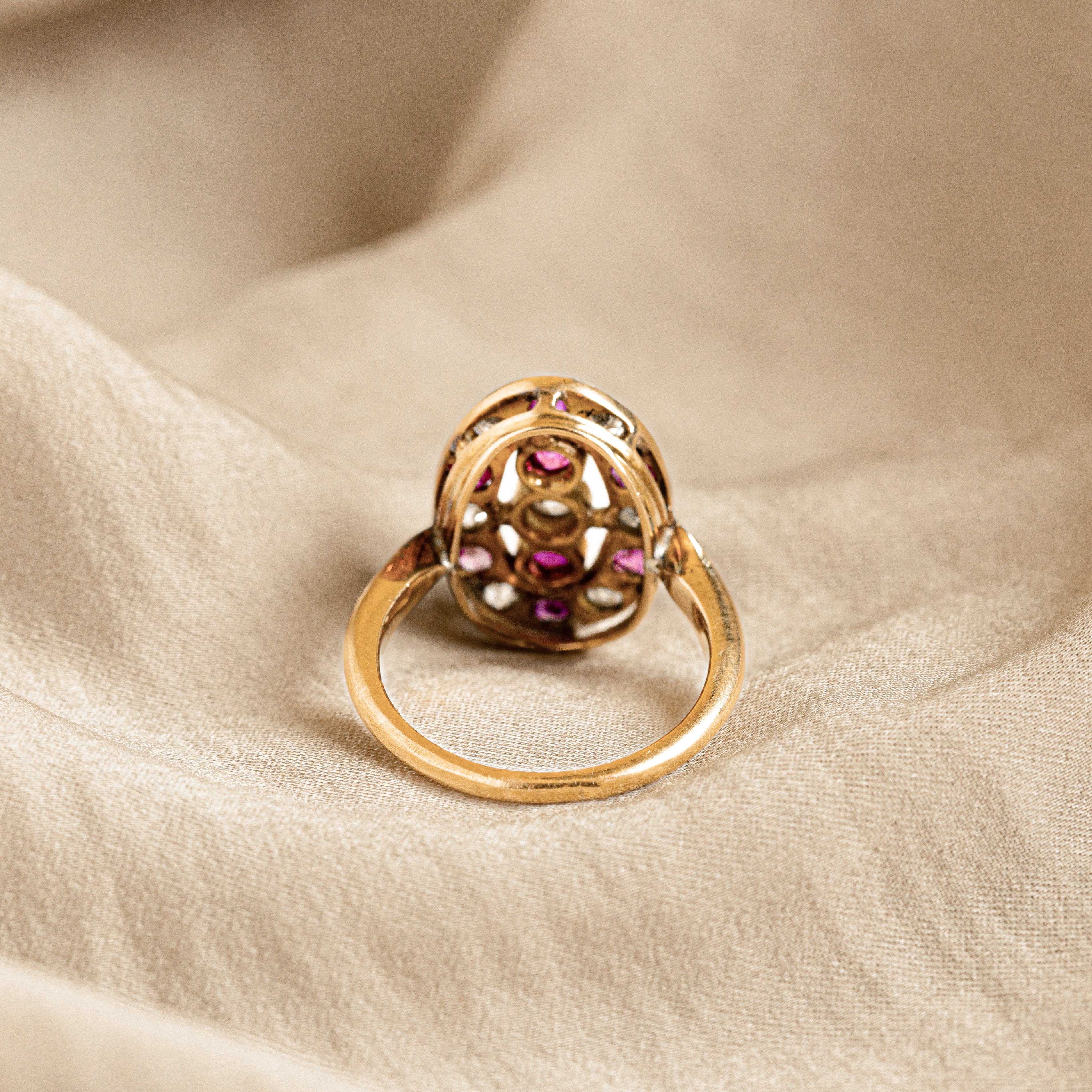 Victorian 18K Yellow Gold Platinum Old European Diamond Ruby Ring - Queen May