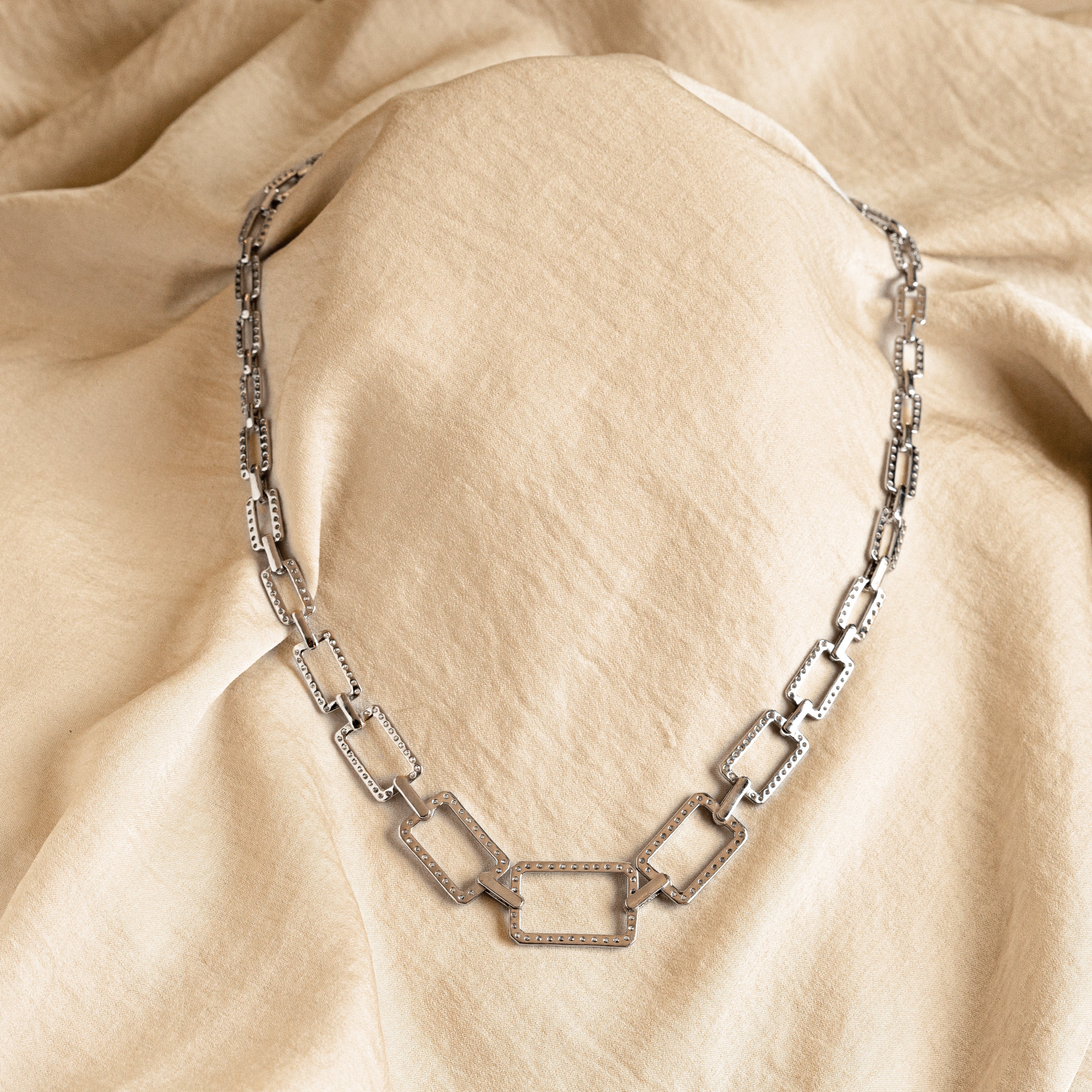 4.4 Carat Total Weight Diamond Square Link Necklace in 18K White Gold - Queen May