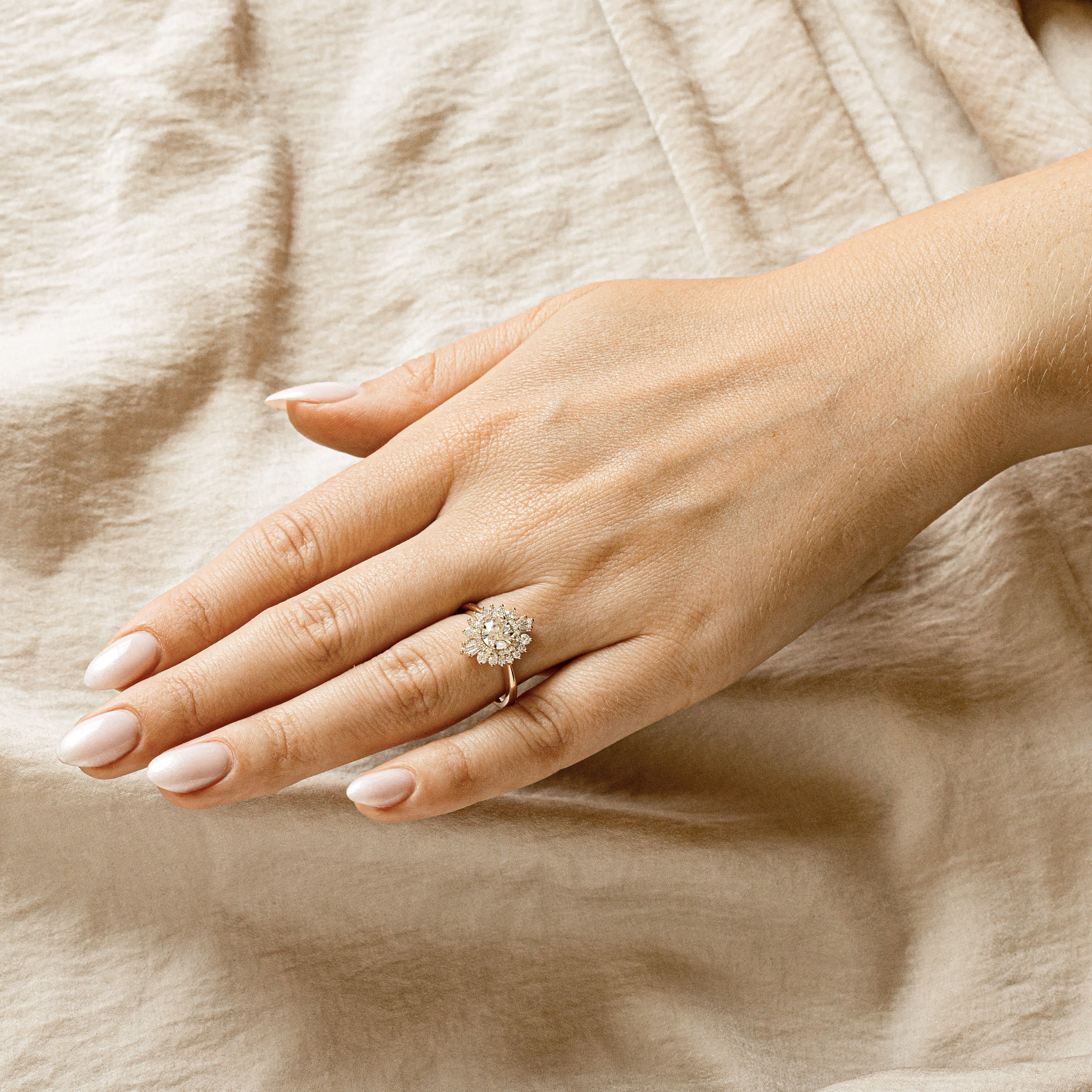 0.95 Carat Round Brilliant Diamond Fan Ballerina Engagement Ring in 14K Yellow Gold GIA Certified - Queen May