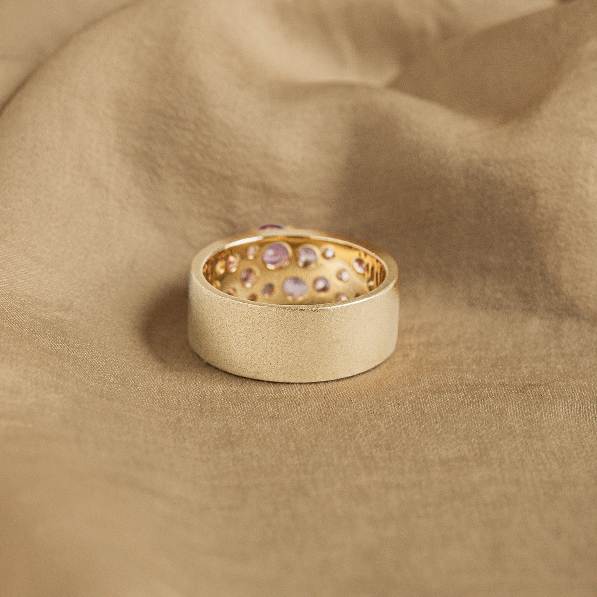 14K Yellow Gold Natural Pink Sapphire Diamond Brushed Wide Band - Queen May