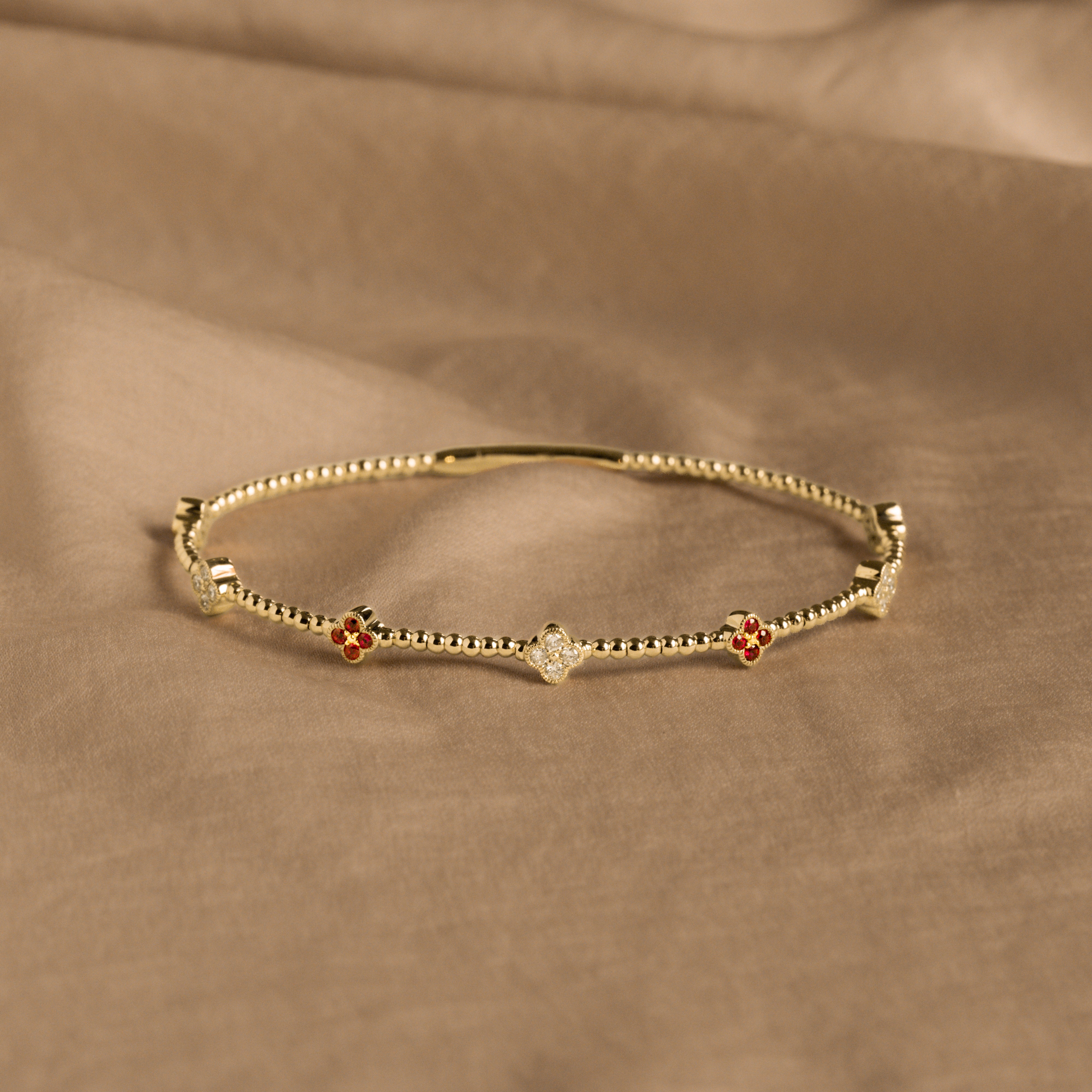 14K Yellow Gold Natural Ruby Diamond Clover Beaded Flexible Bangle - Queen May