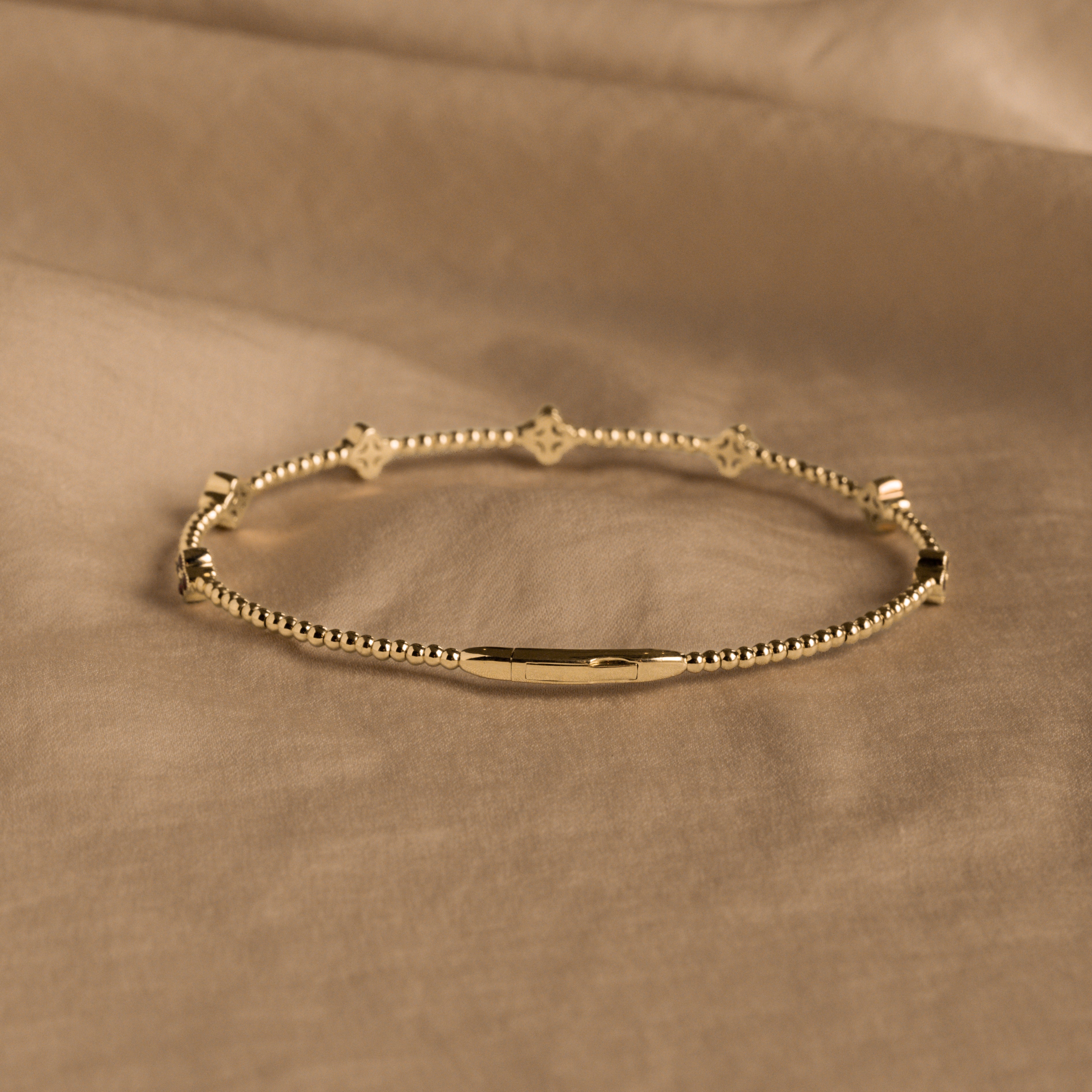 14K Yellow Gold Natural Ruby Diamond Clover Beaded Flexible Bangle - Queen May