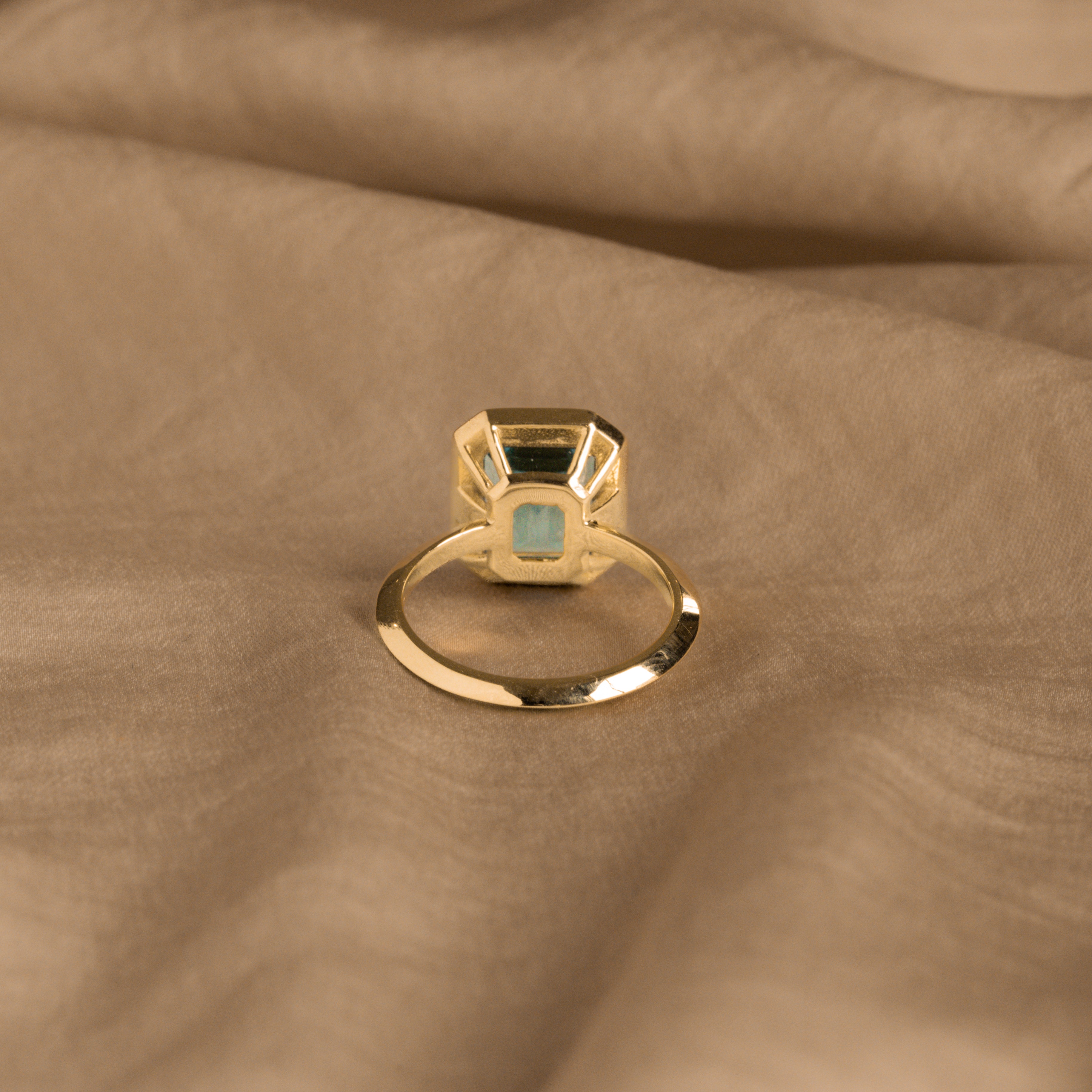 14K Yellow Gold 4.34 Carat Emerald Cut Swiss Blue Topaz Bezel Knife Edge Ring - Queen May