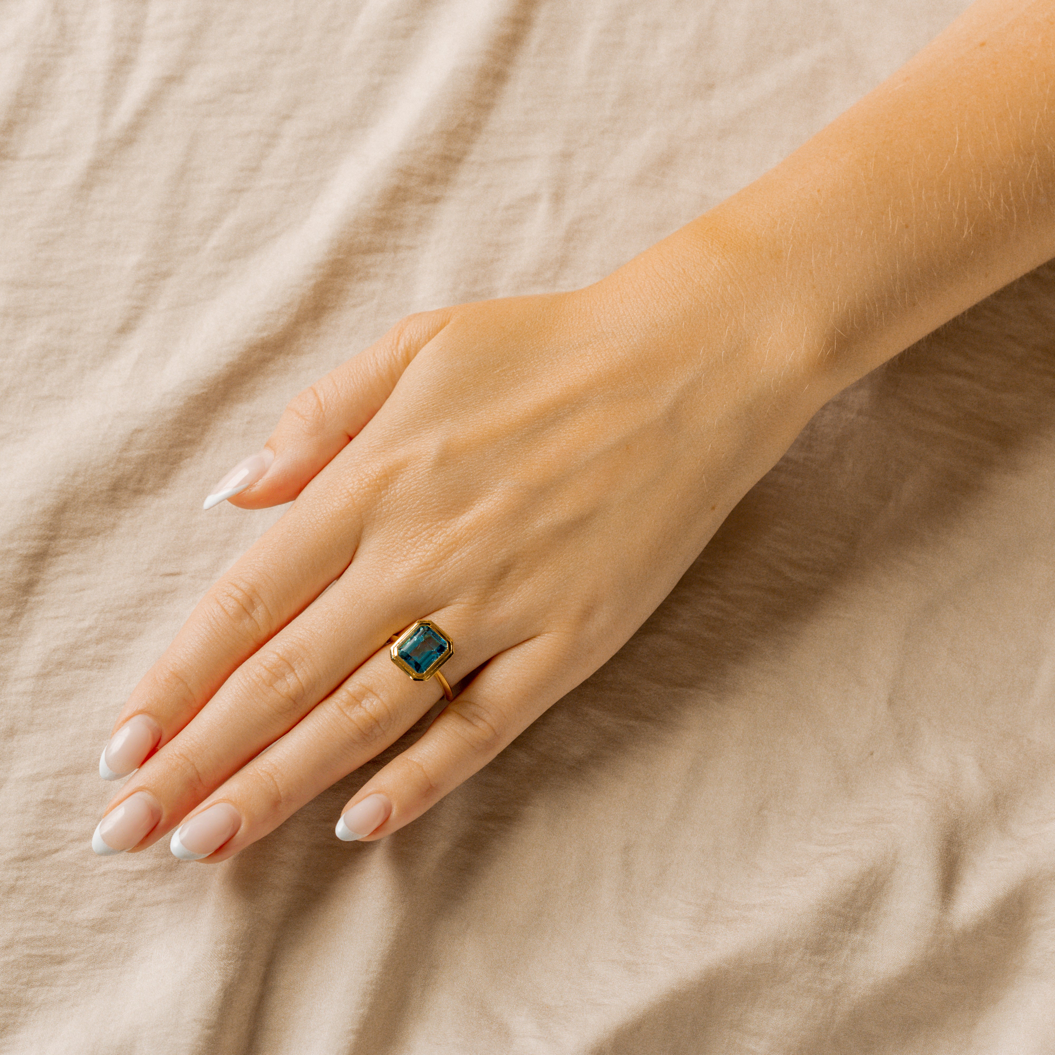 14K Yellow Gold 4.34 Carat Emerald Cut Swiss Blue Topaz Bezel Knife Edge Ring - Queen May