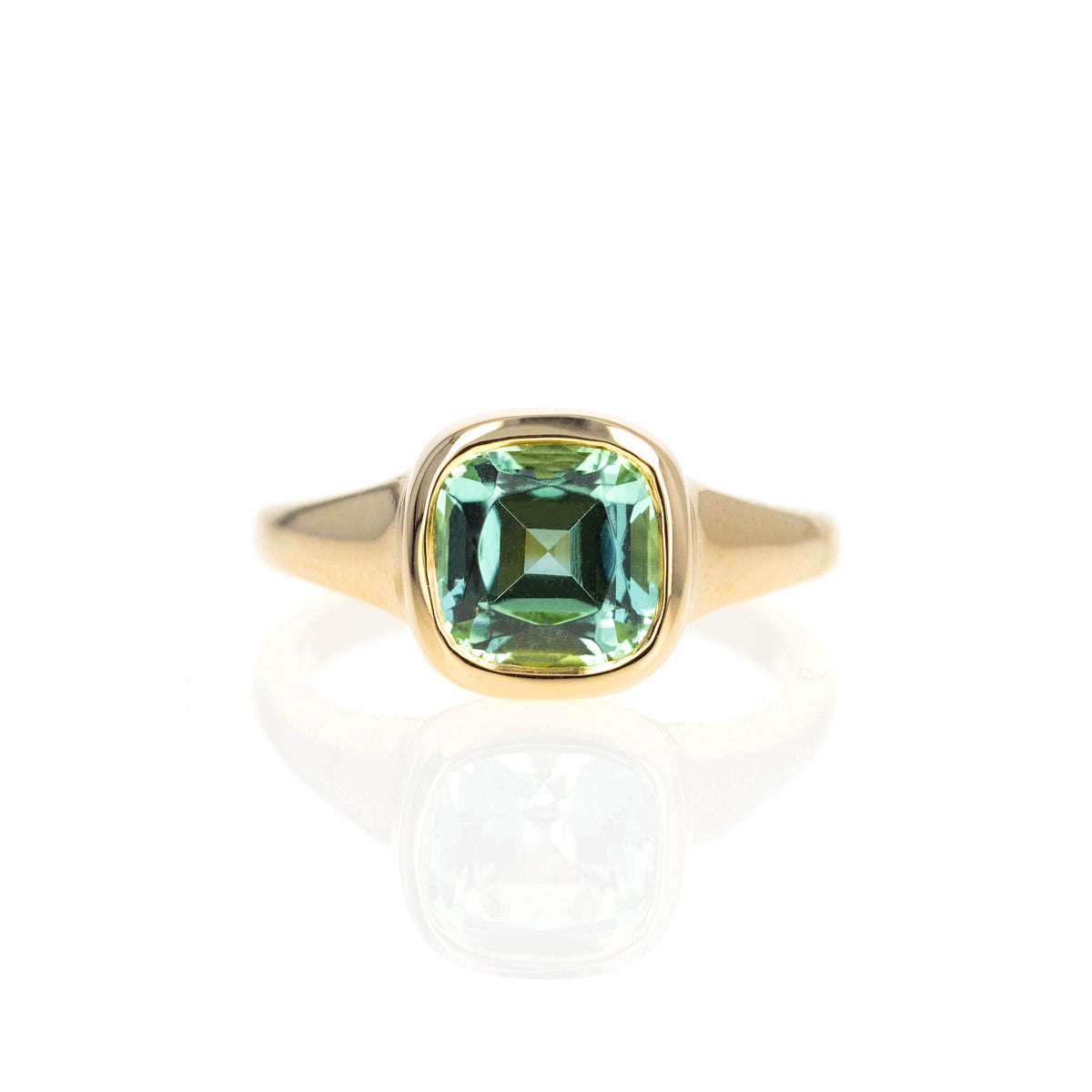 2.32 Carat Cushion Seafoam Green Tourmaline Bezel Ring - Queen May