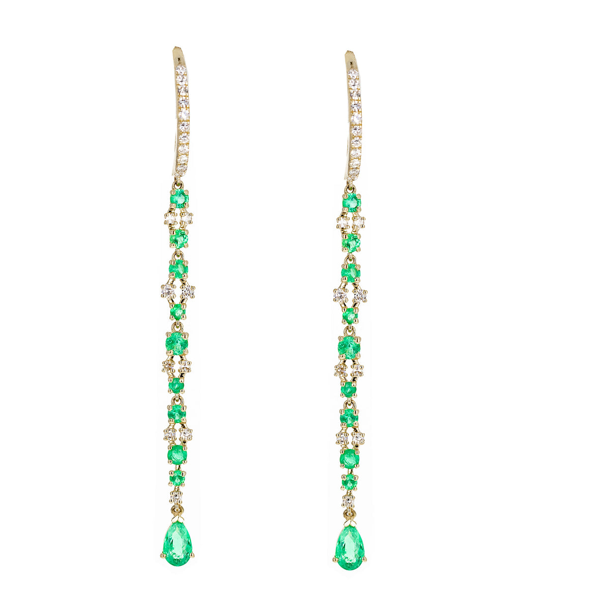 14K Yellow Gold Emerald Diamond Pear Long Drop Earrings - Queen May