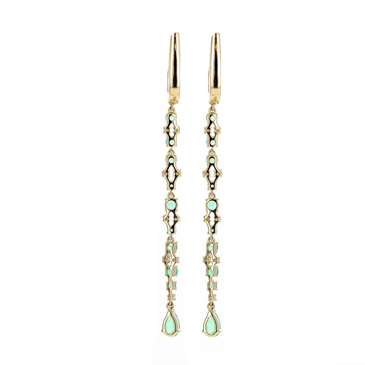 14K Yellow Gold Emerald Diamond Pear Long Drop Earrings - Queen May