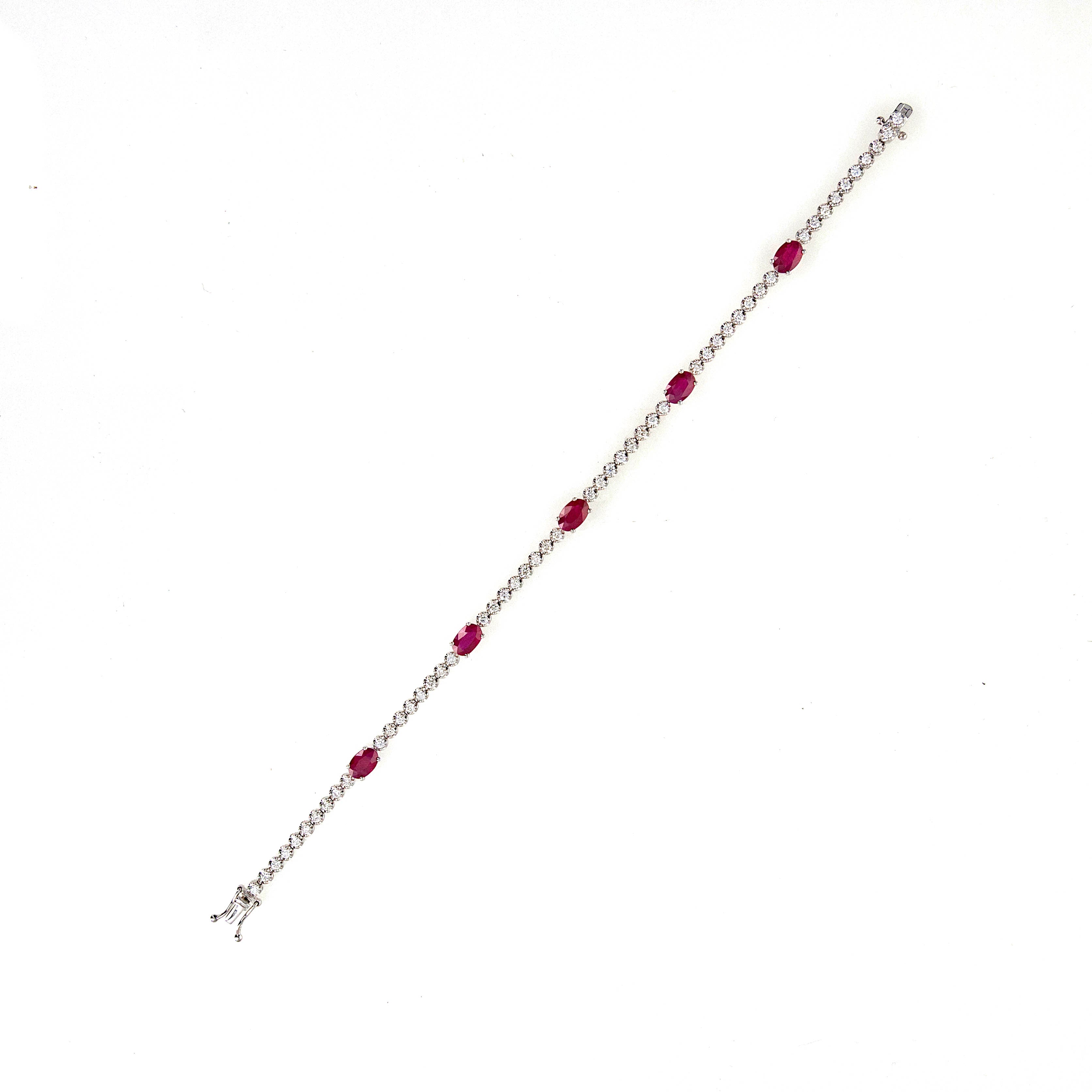 14K White Gold Oval Natural Ruby Diamond Tennis Bracelet - Queen May