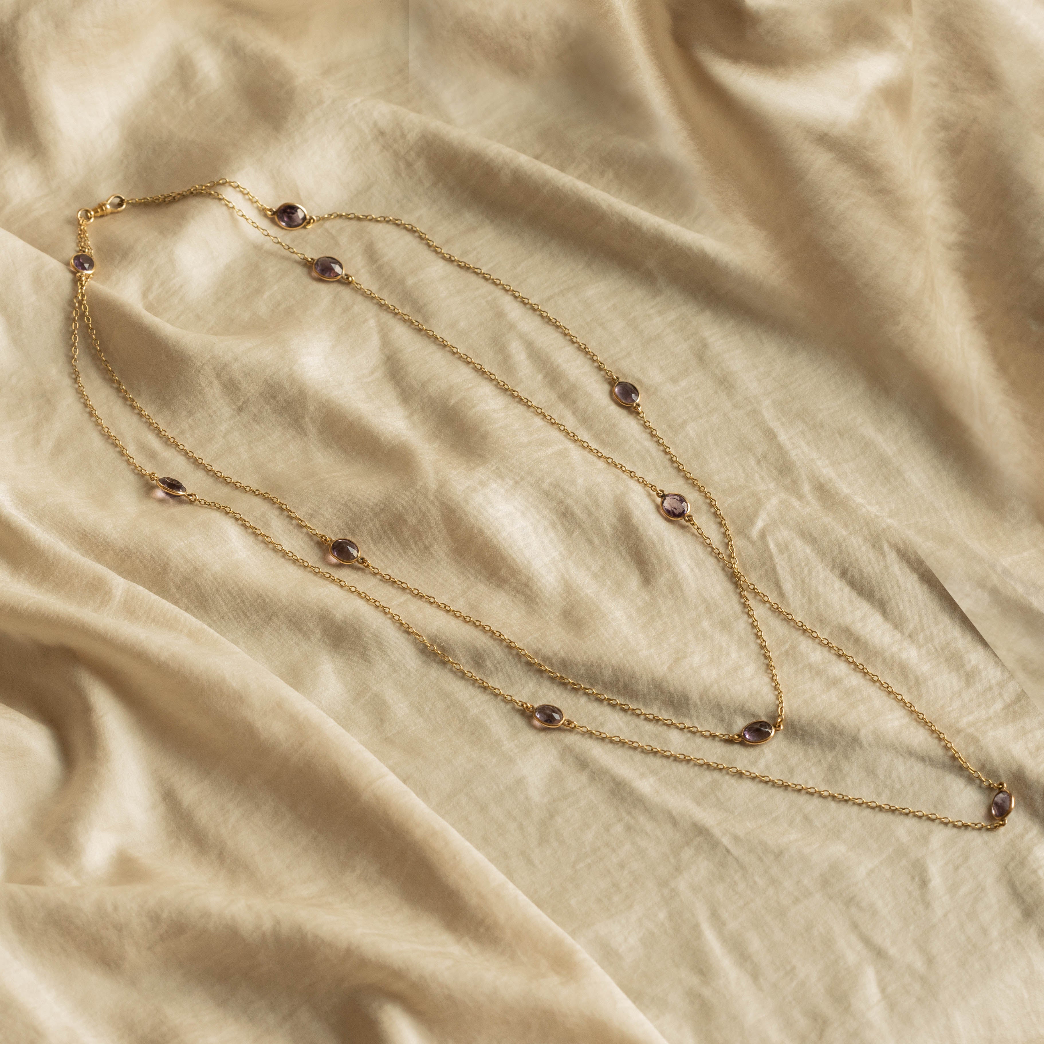 Victorian 14K Yellow Gold Amethyst Bezel Watch Swivel Clasp Long Chain - Queen May