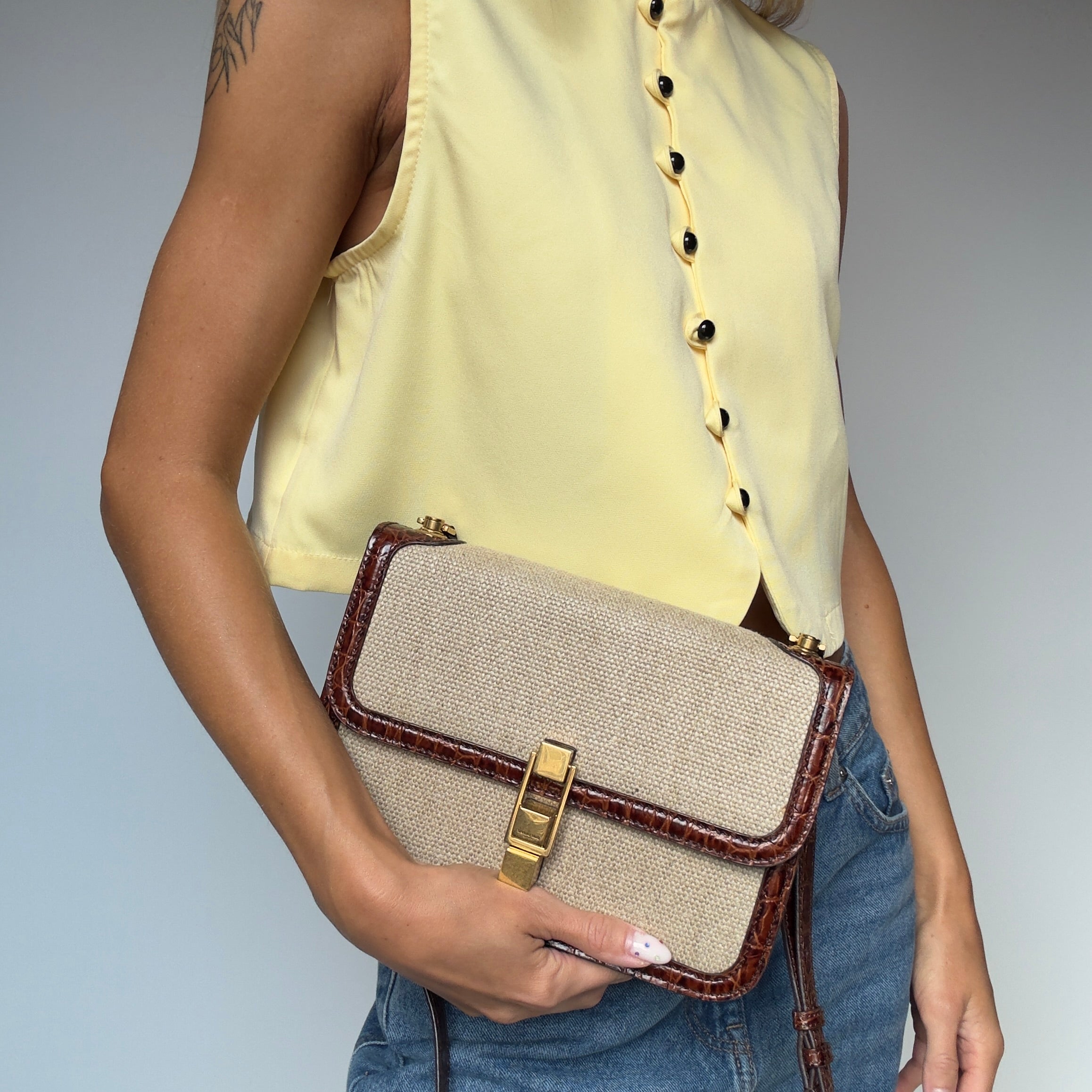 Saint Laurent Le Carre Satchel Canvas Brown Crocodile Embossed Leather Trim - Queen May