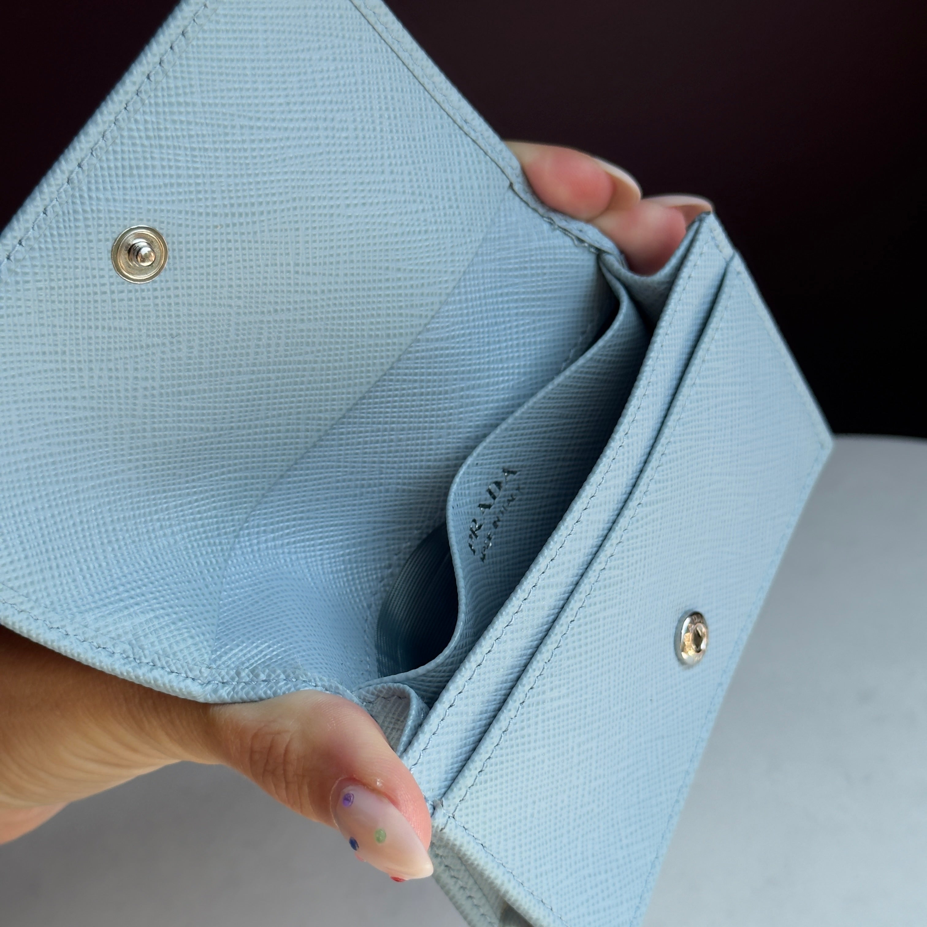 Prada Light Blue Saffiano Leather Card Holder - Queen May